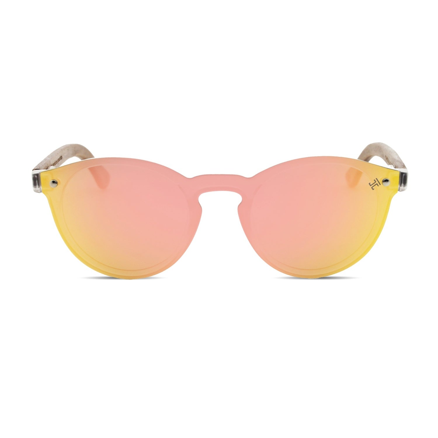Sunglasses with pink and yellow gradient lenses on a white background and wooden temples