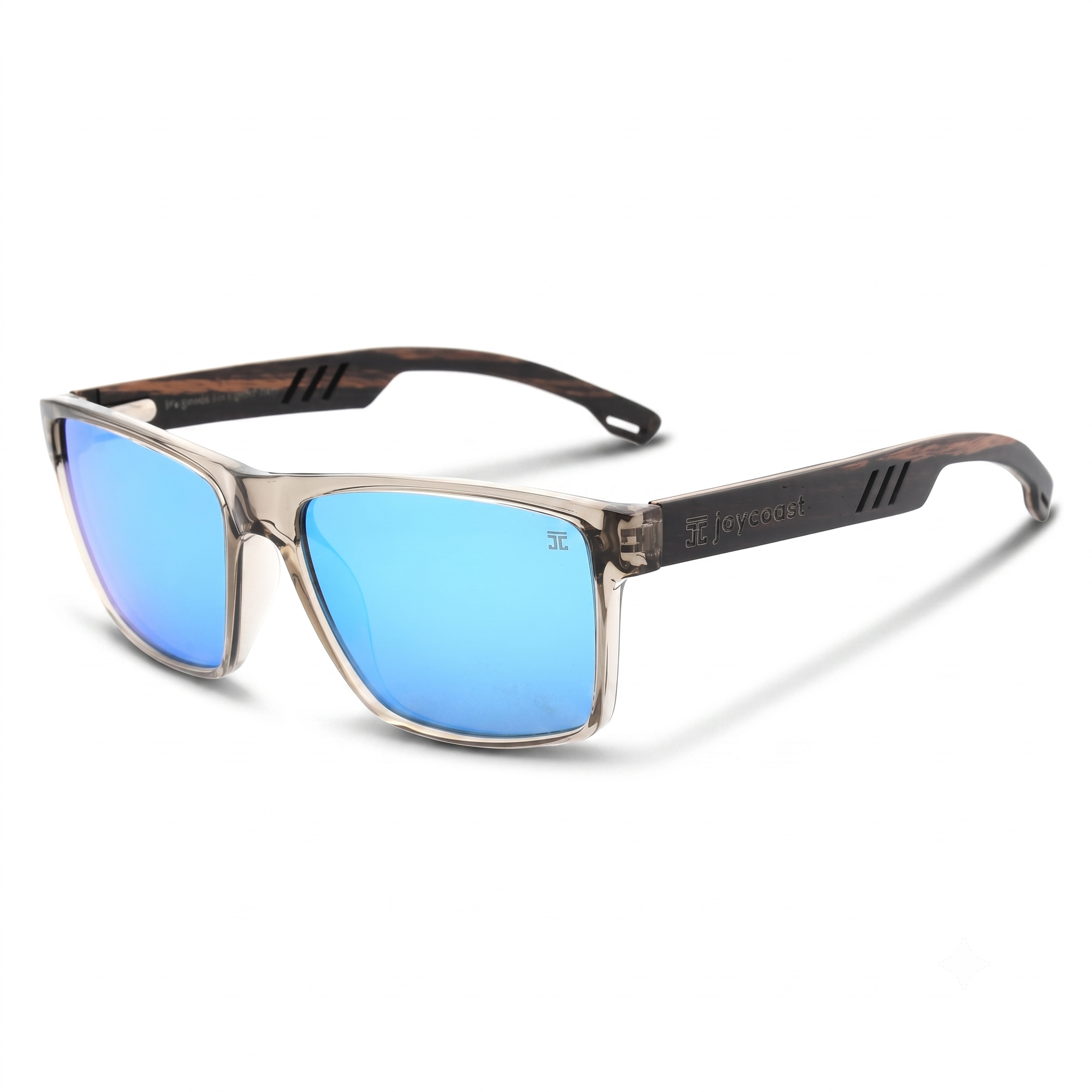 Wood sunglasses with blue mirrored lenses and dark transparent ebony frame, front view