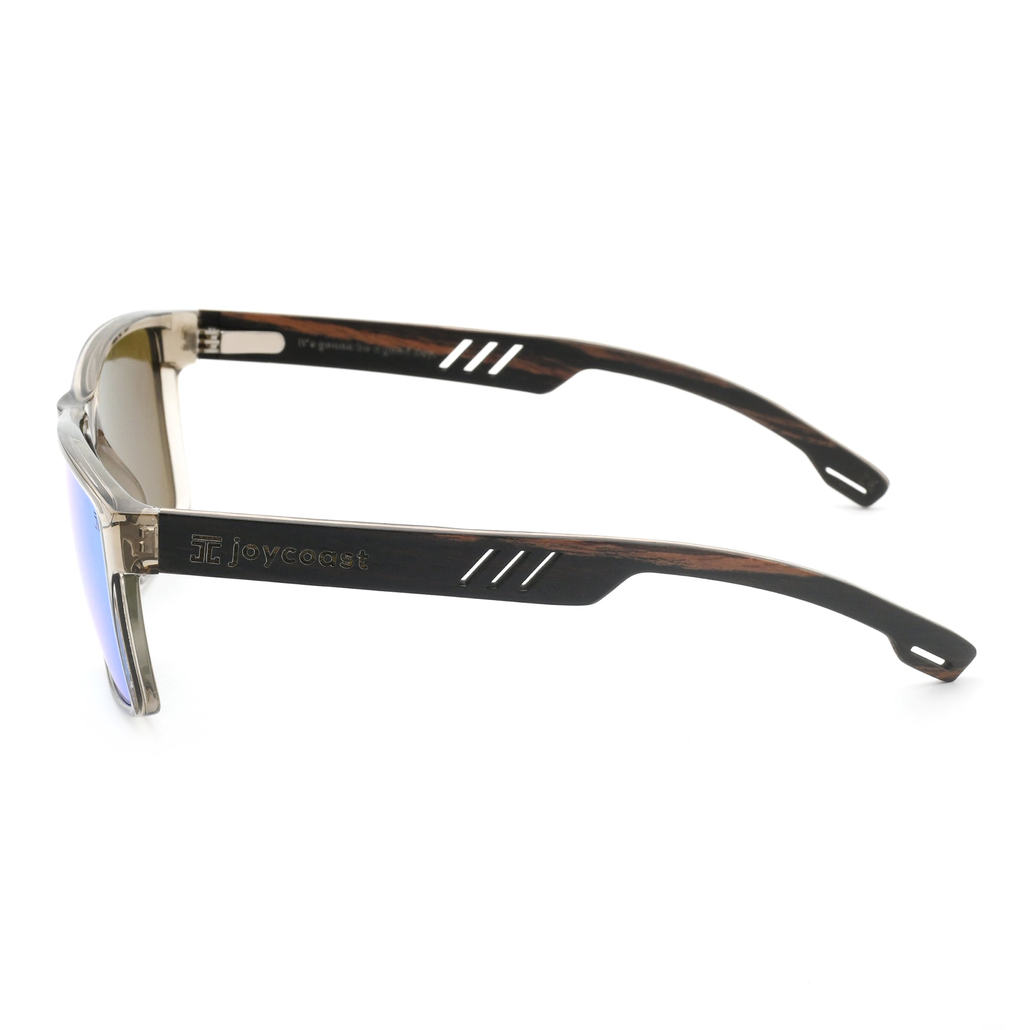 Joycoast Apex transparent frame sunglasses with blue reflective lenses and black wooden arms with visible vents.