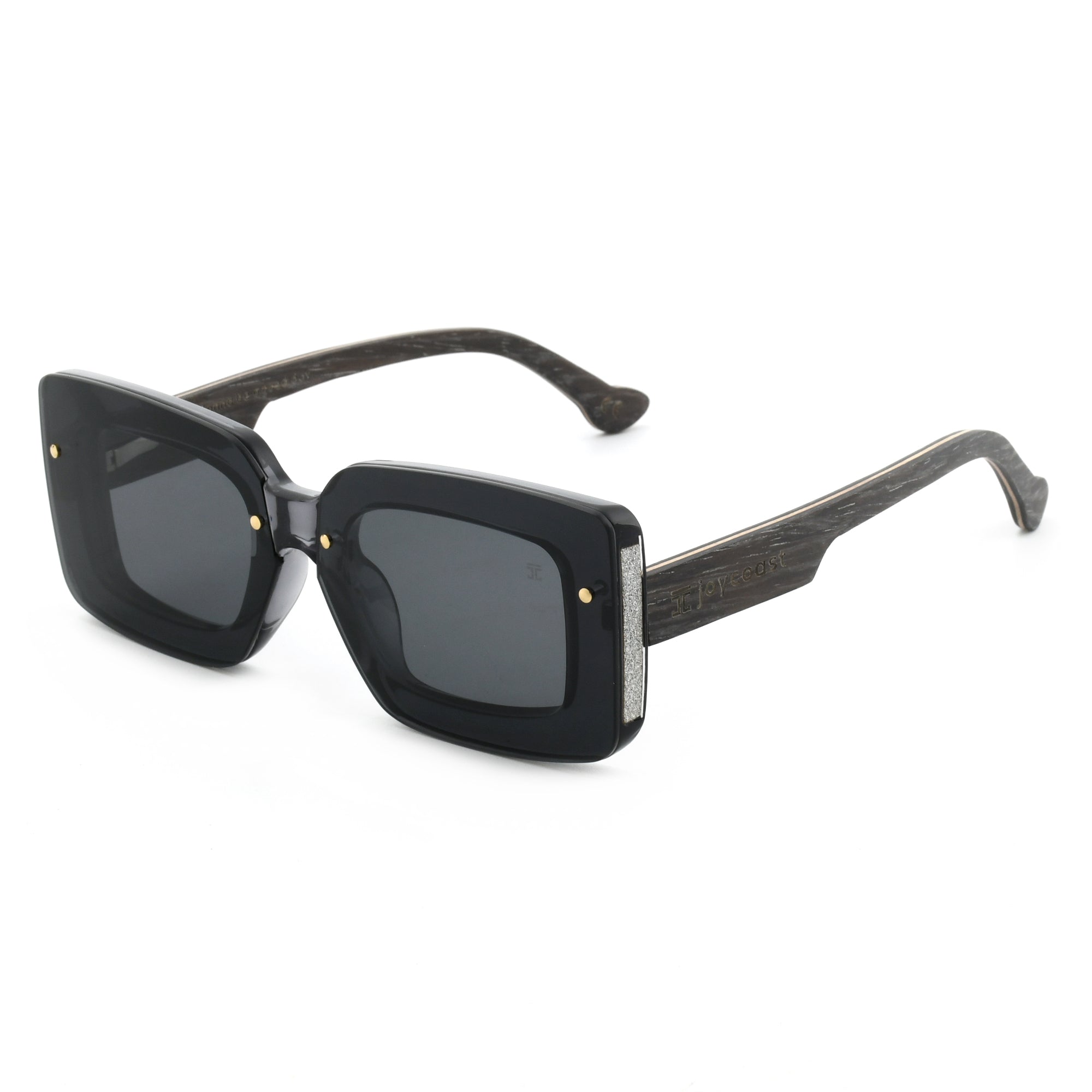 Joycoast black wooden square sunglasses with dark lenses and wooden arms, viewed from an angle on a white background.