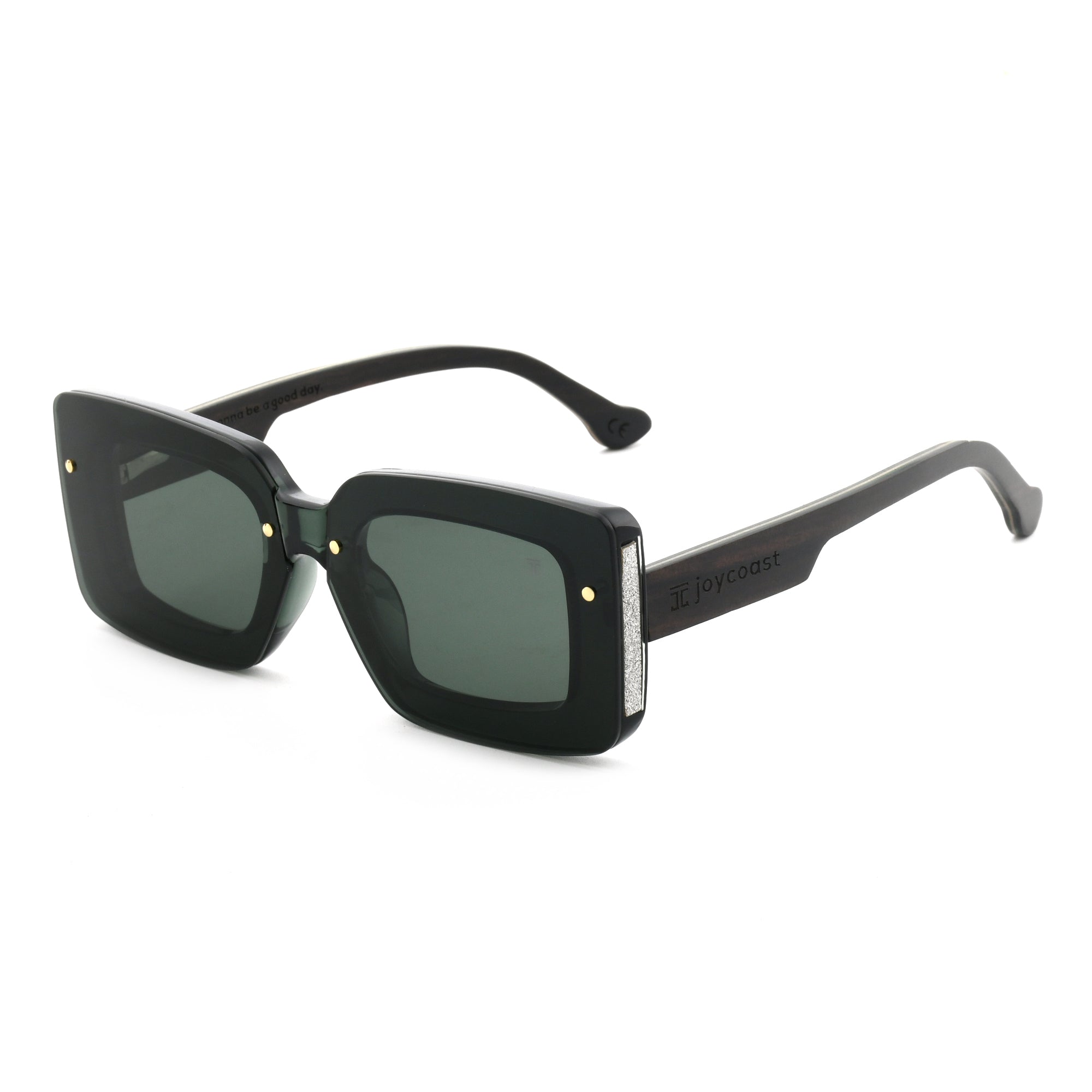 Joycoast black wooden square sunglasses with dark green polarized lenses and wooden arms, viewed from an angle on a white background.