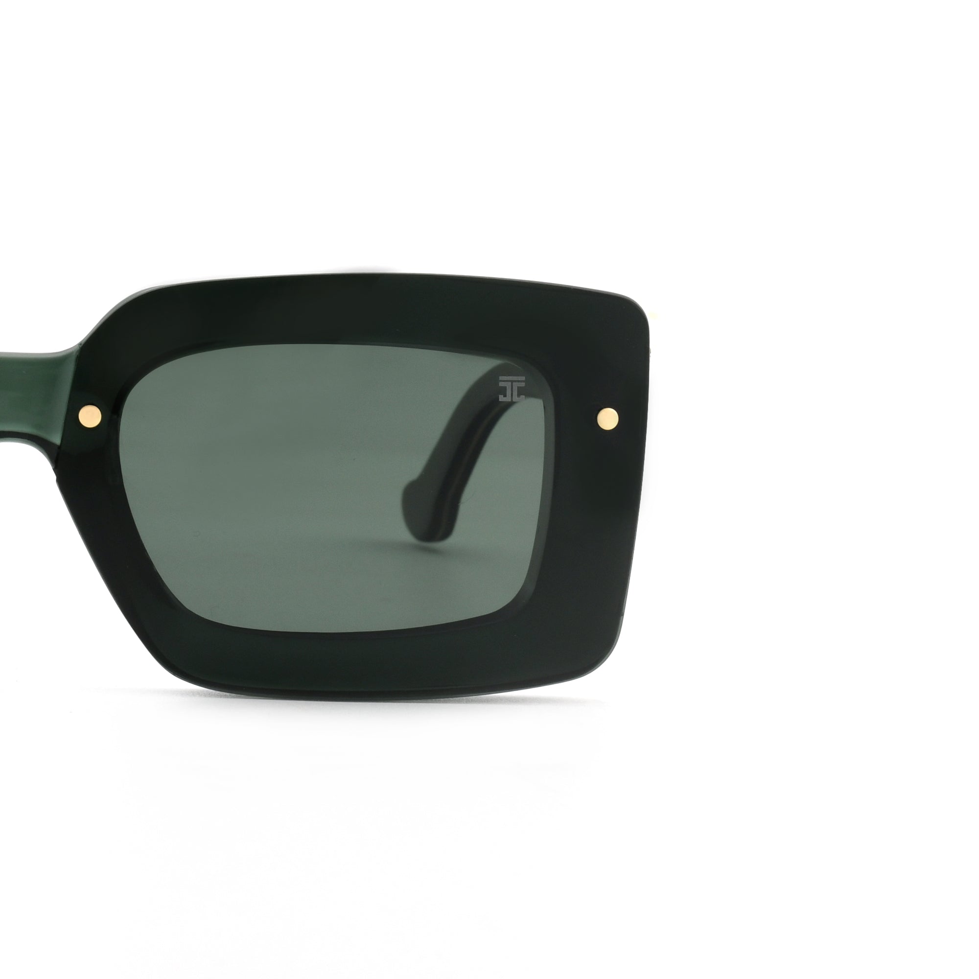 Joycoast black wooden square sunglasses with dark green polarized lenses, viewed from the side on a white background.
