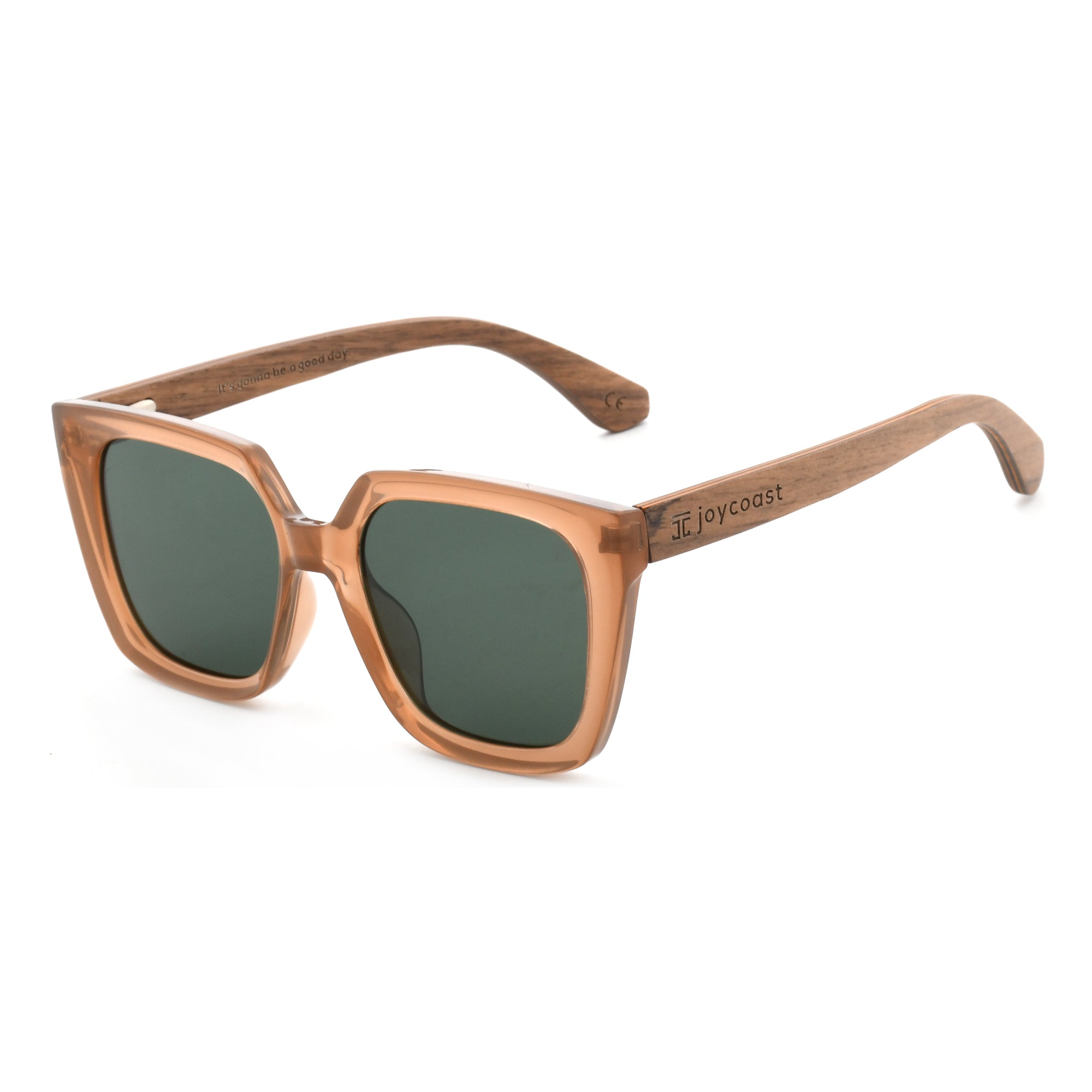 Brown wooden square sunglasses with dark green lenses and full wooden frame, viewed from the side.