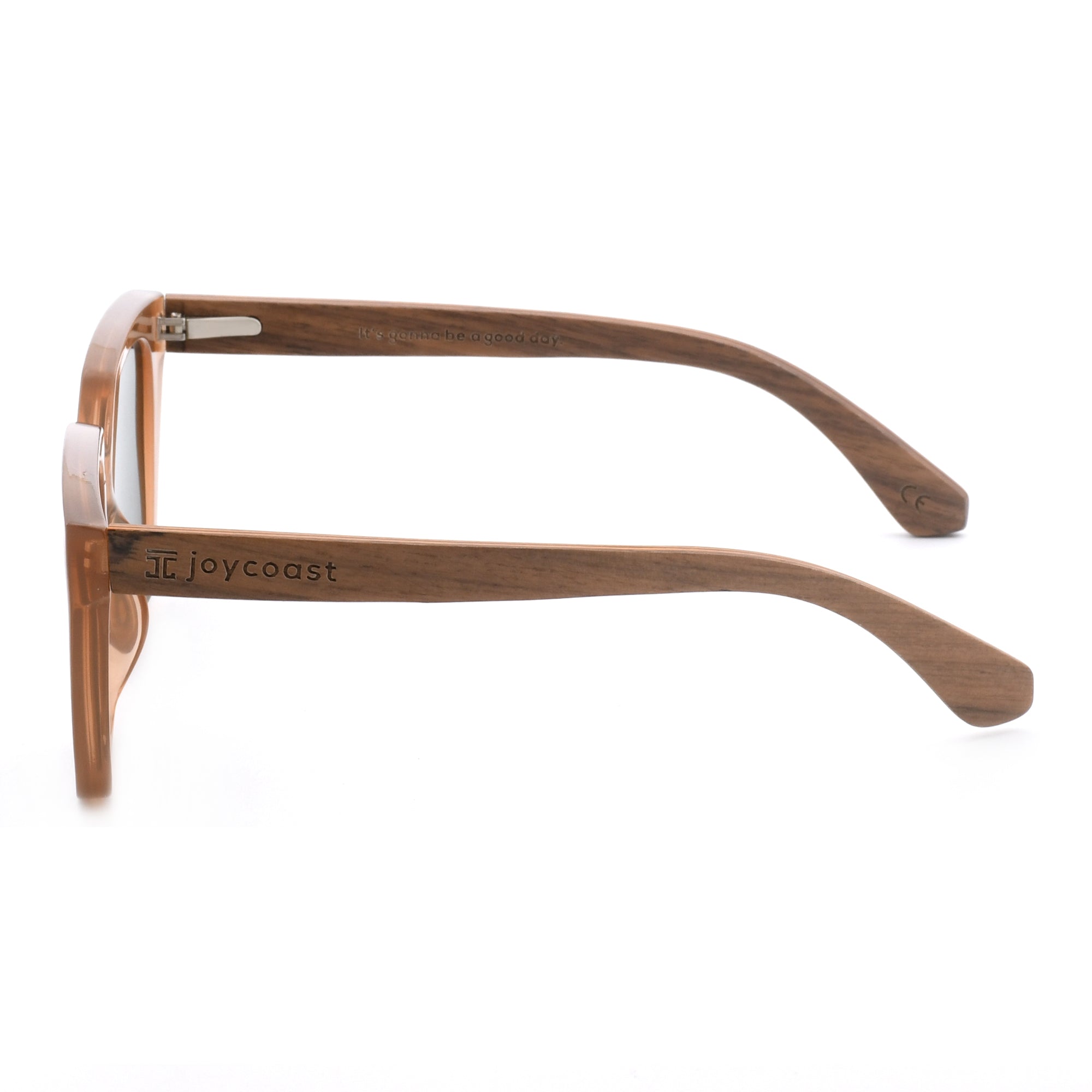 Brown wooden square sunglasses with wooden arms and engraved Joycoast logo, viewed from the top left side.