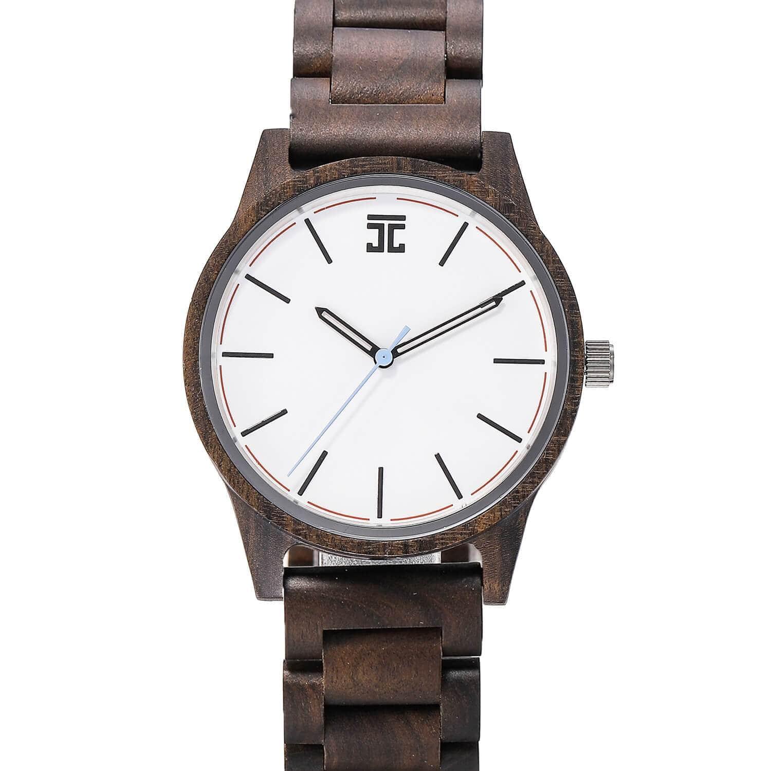 Joycoast men's watch with a red wooden band and a minimal white face, on a white background.
