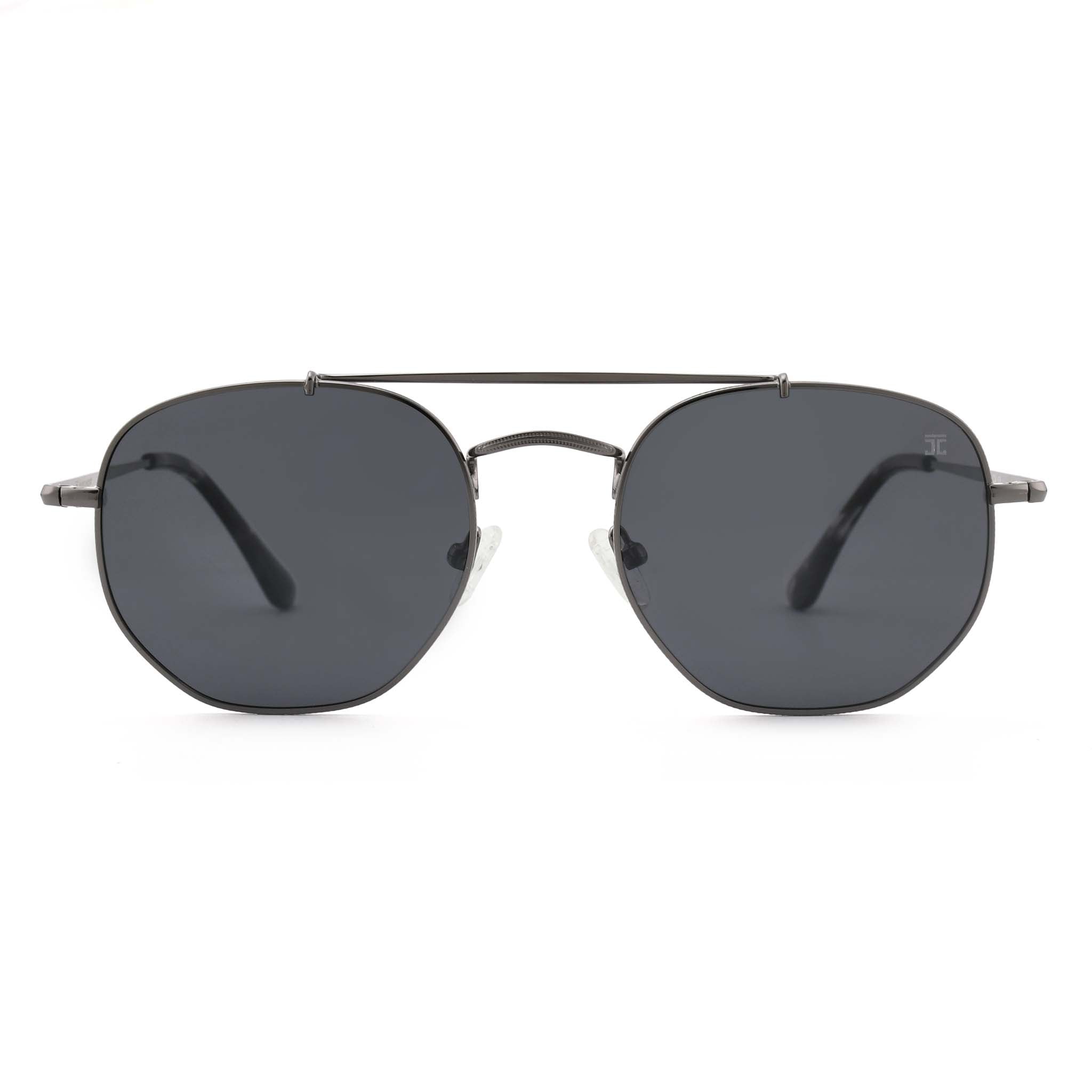 Joycoast Skyline black metal sunglasses with dark lenses, viewed from the front on a white background.