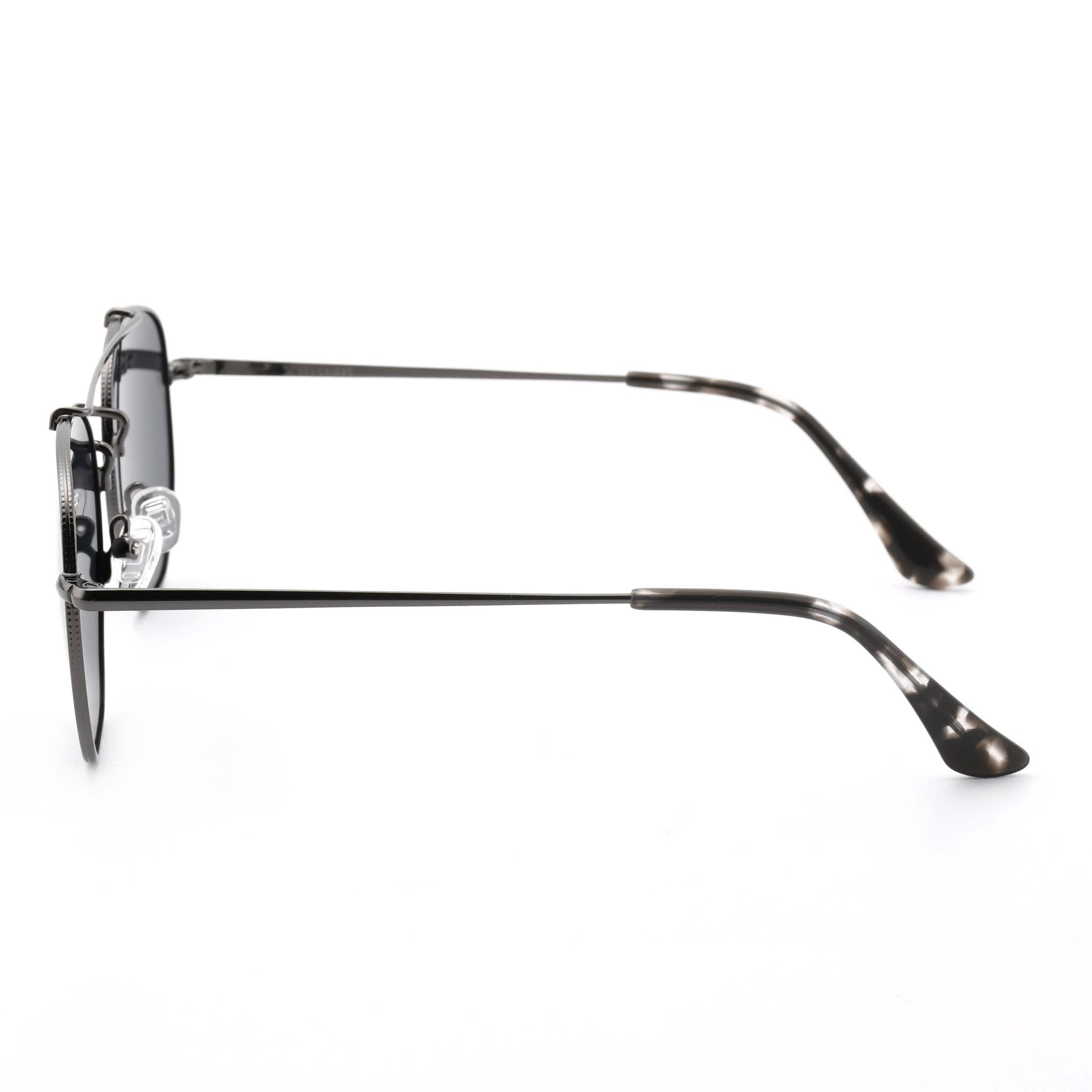 Joycoast Skyline black metal sunglasses with dark lenses and tortoise shell arms, viewed from the top down.