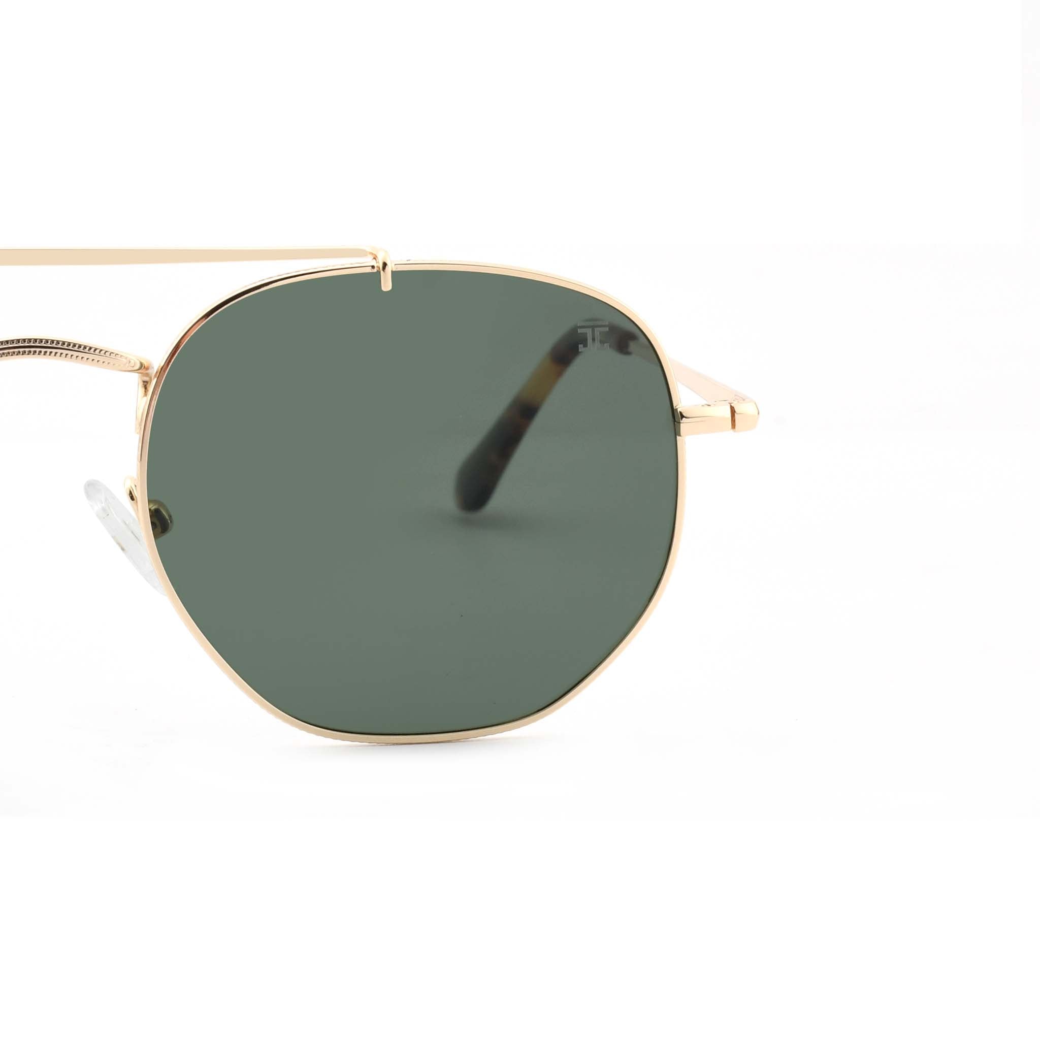 Partial view of Joycoast Skyline gold metal sunglasses showing the dark green lens and tortoise shell arm.