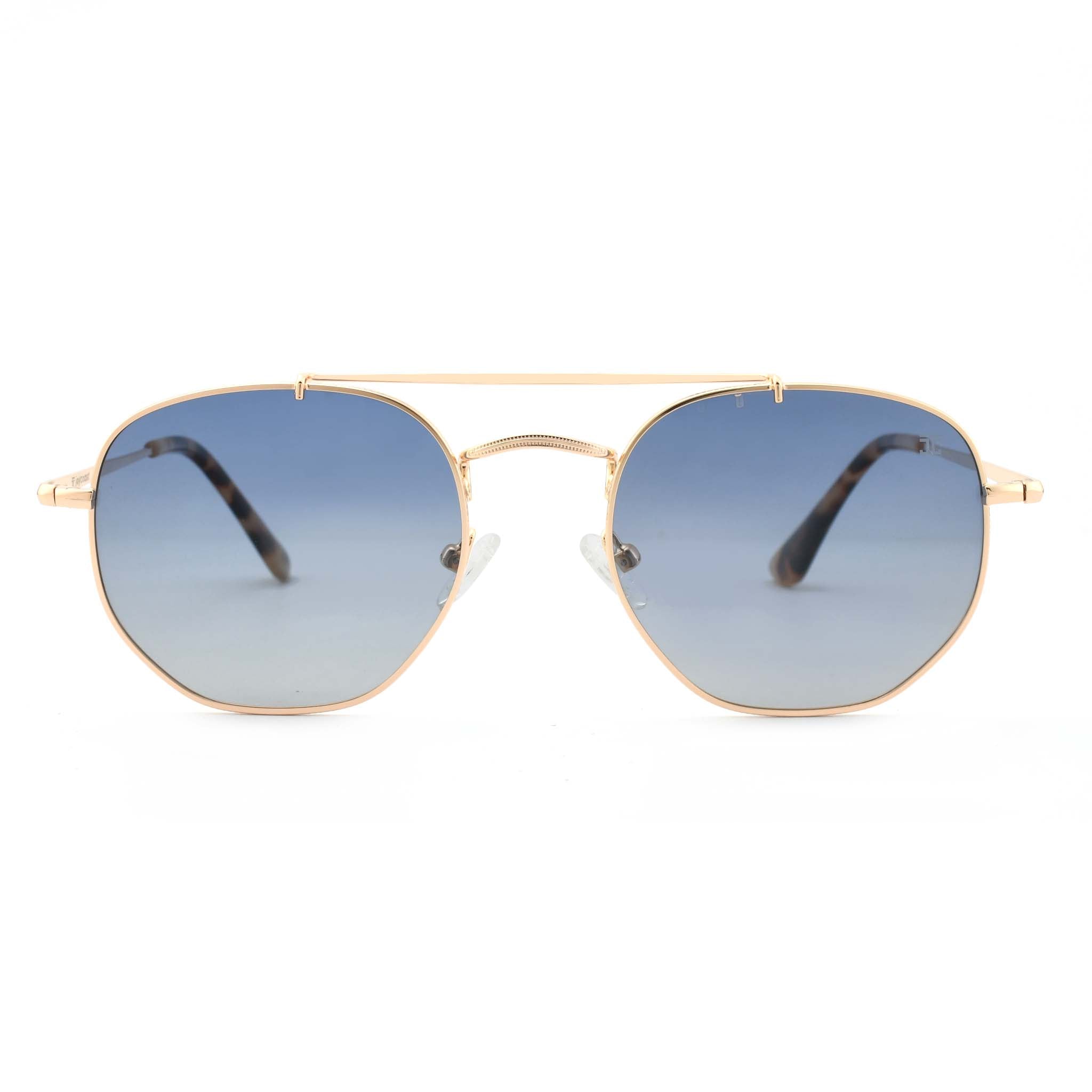 Joycoast Skyline gold metal sunglasses with light blue gradient lenses, viewed from the front on a white background.