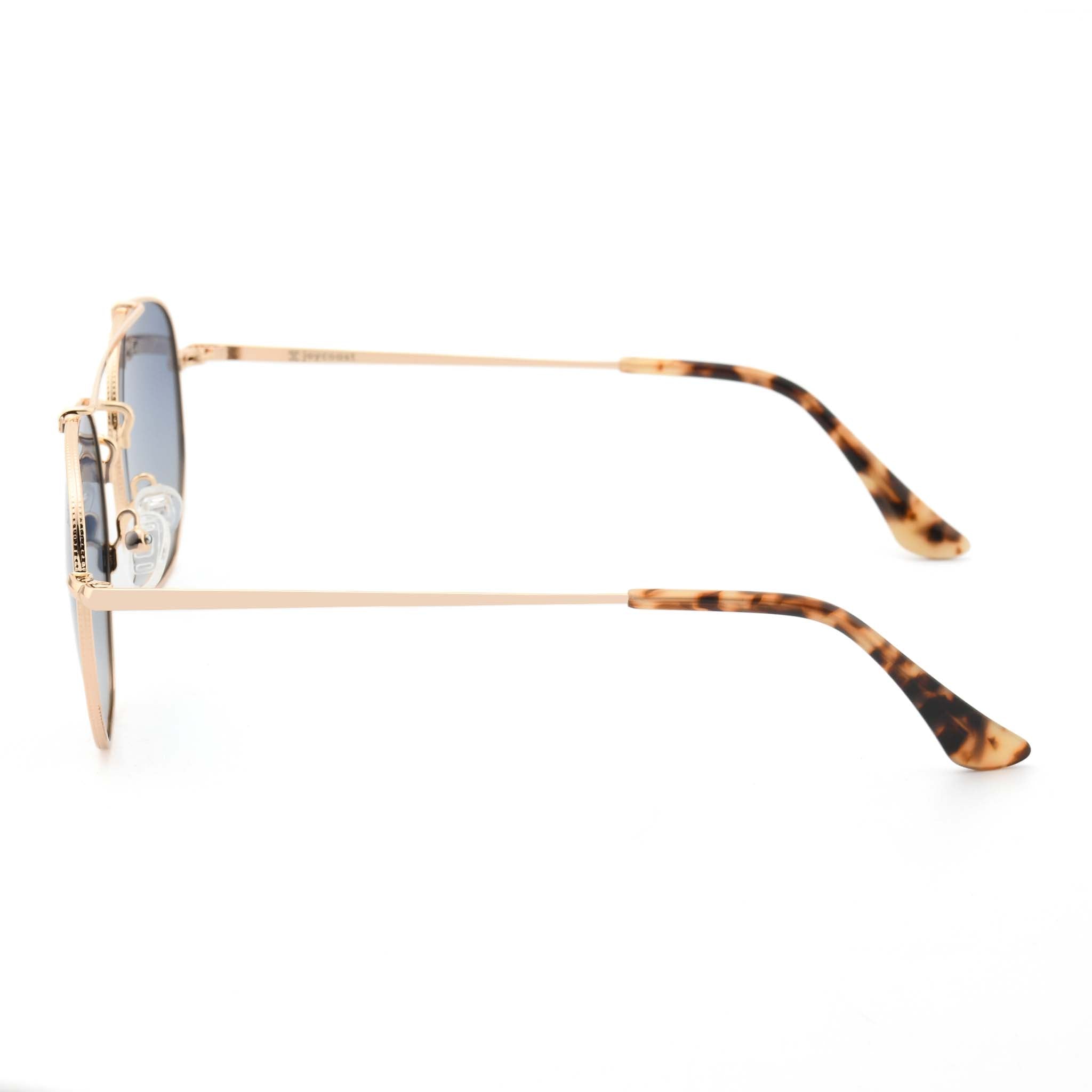 Joycoast Skyline gold metal sunglasses with light blue gradient lenses and tortoise shell arms, viewed from the top down.