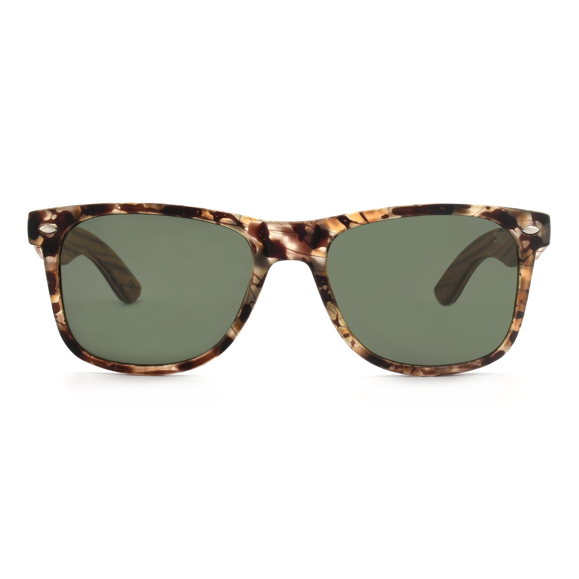 Joycoast tortoise shell wooden sunglasses with dark green lenses and a full wooden frame, viewed from the front.