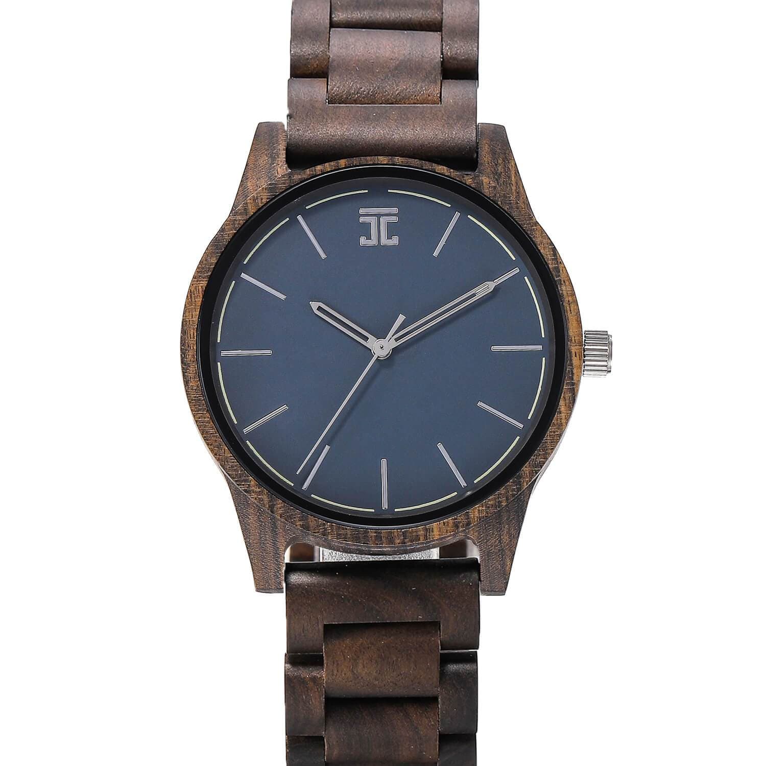 Joycoast men's watch with a dark wooden band and a minimal blue face, on a white background.