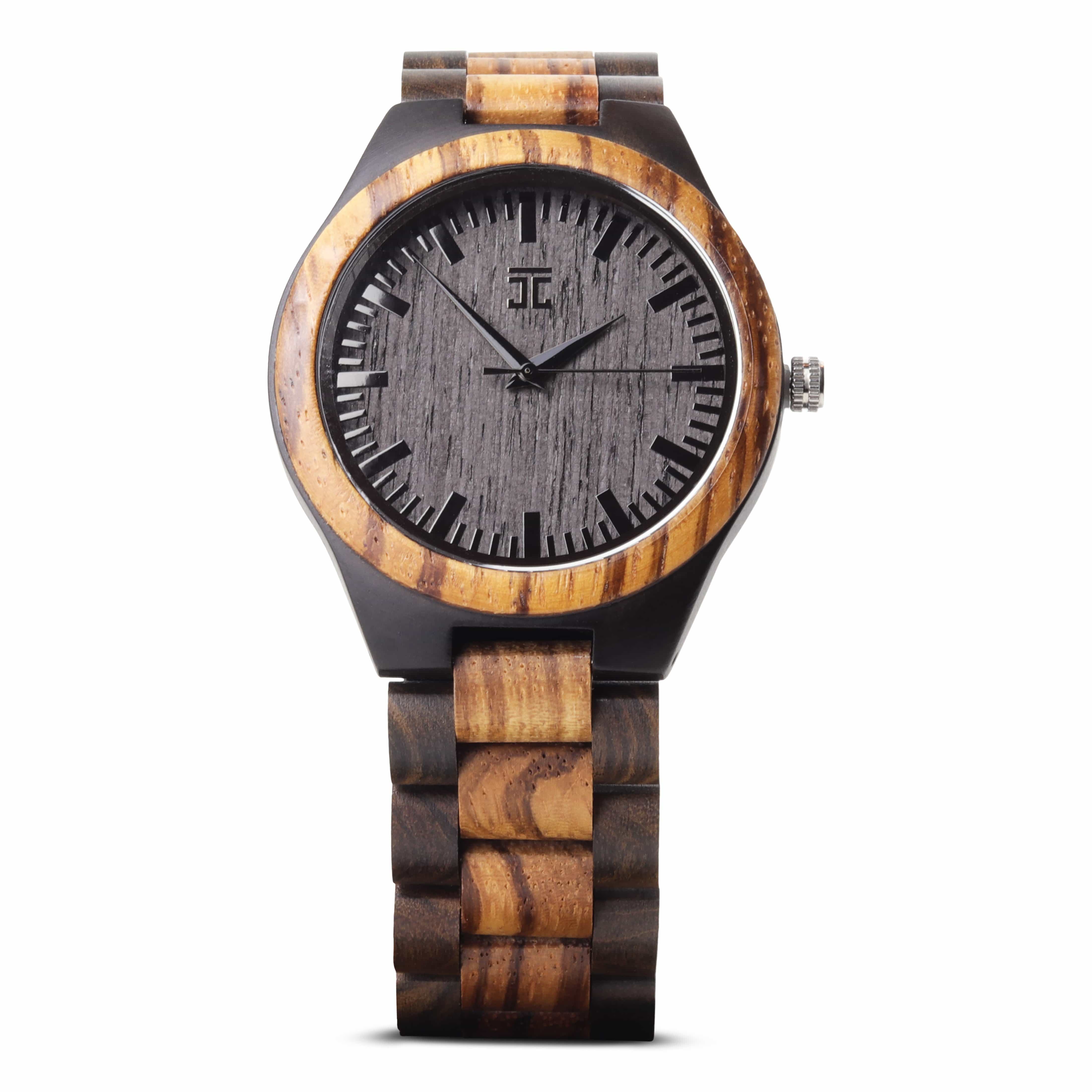 Joycoast men's watch with a two-tone zebrawood band and a gray striped wooden face, on a white background.