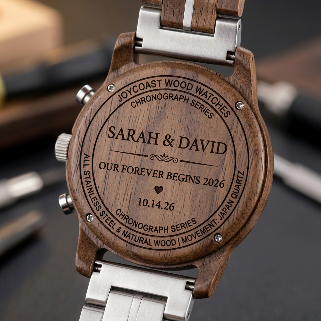 A wooden watch featuring intricate engravings on its face and band, showcasing craftsmanship and natural materials.