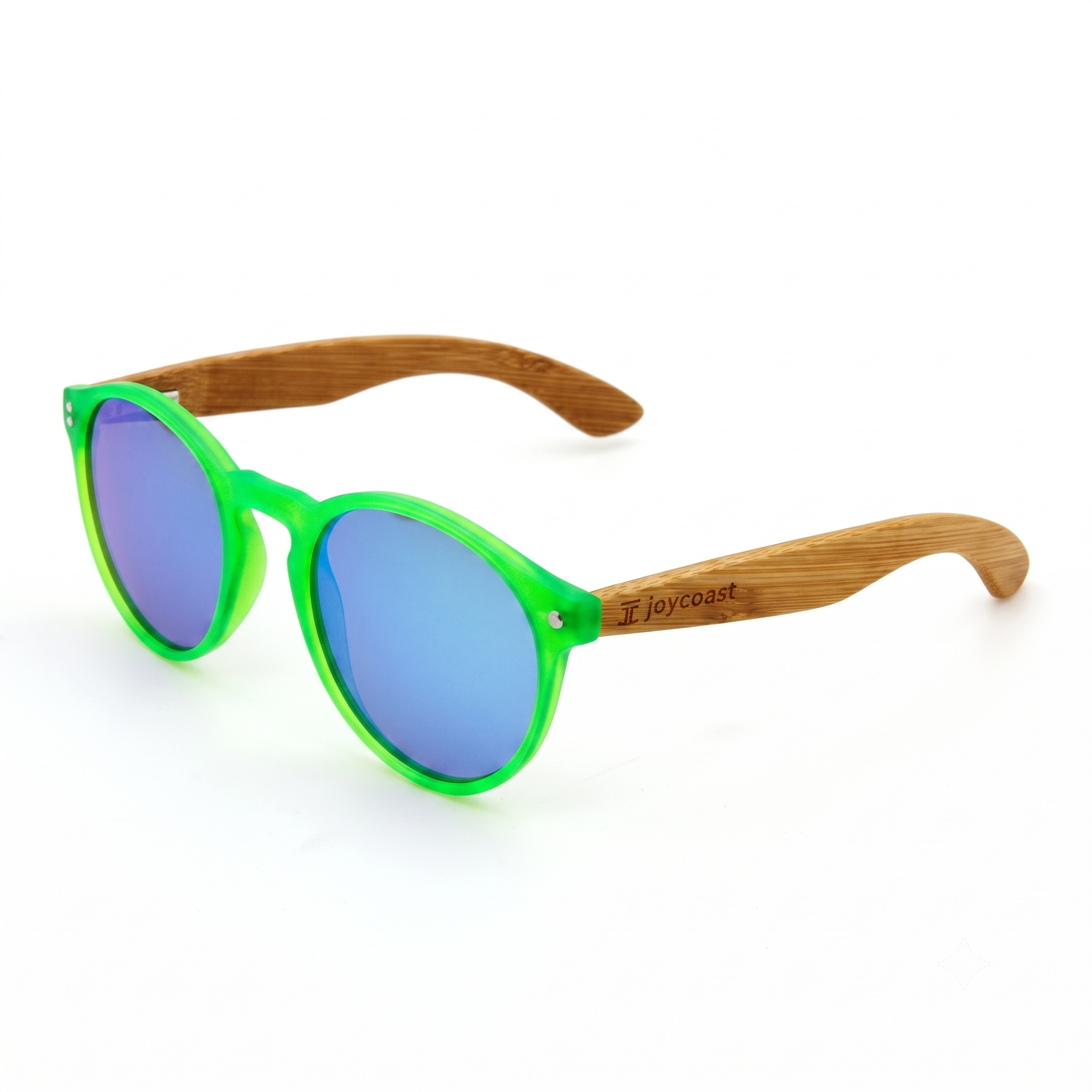 Kids wooden sunglasses, green full-rim frame with blue mirror lenses and wood arms