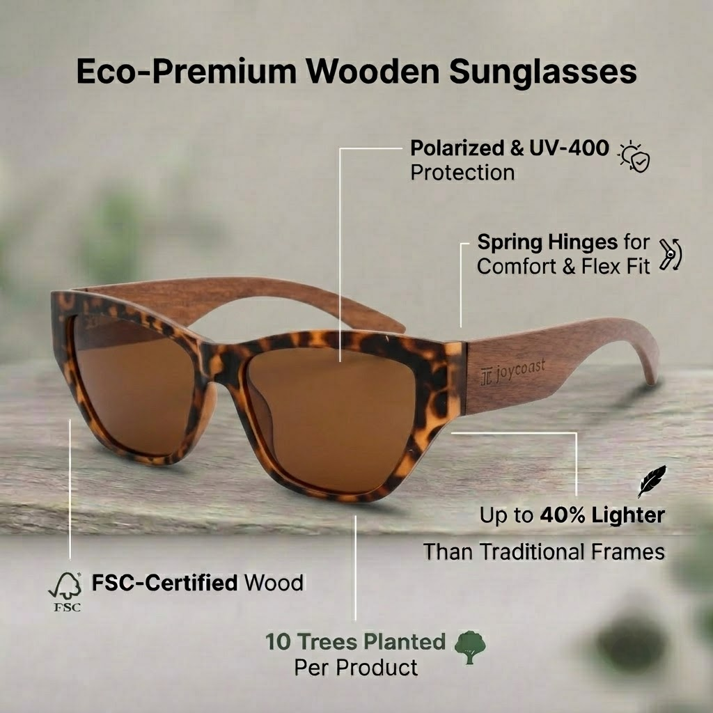 Amber tortoiseshell wooden sunglasses with curved temples and dark brown lenses