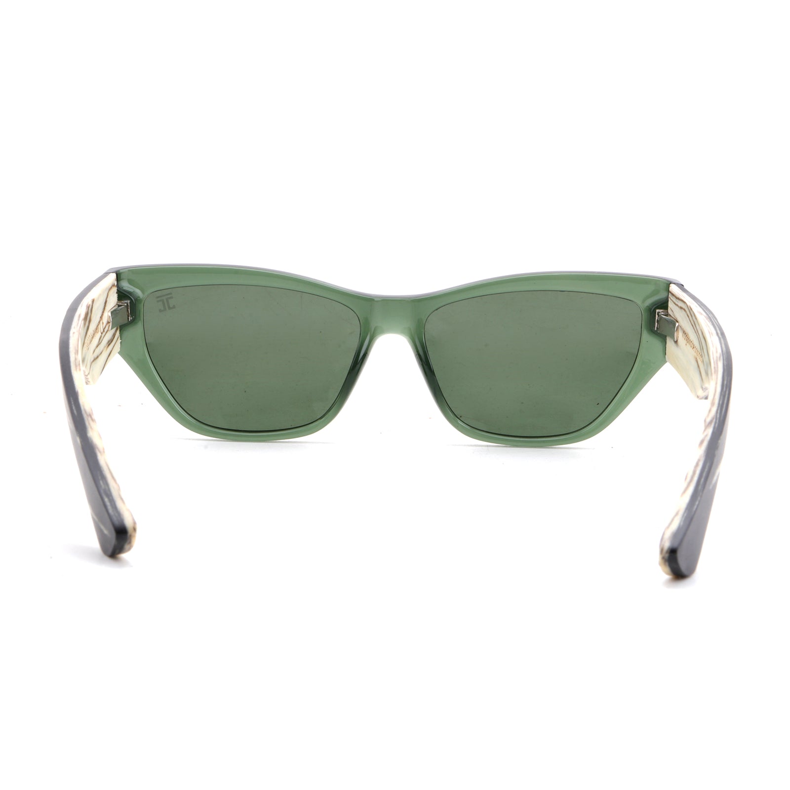 Green lens wooden sunglasses with zebra temples and green frame