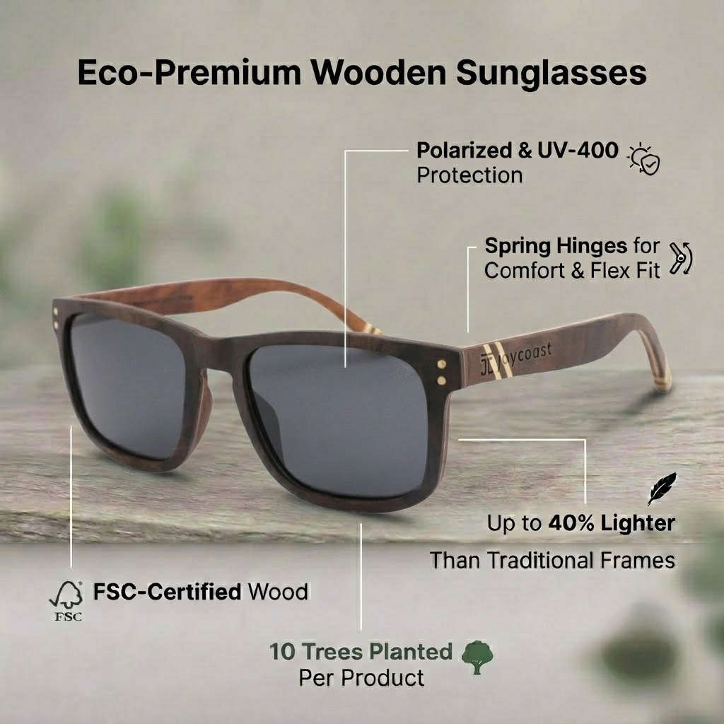Wooden wayfarer sunglasses with dark polarized lenses and spring hinges