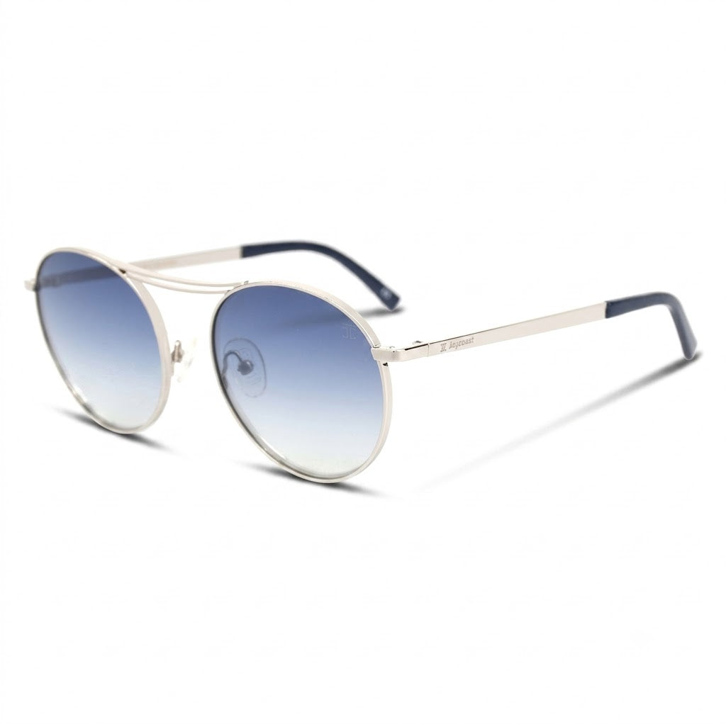 Cat-eye sunglasses with gradient blue lenses, cream frame and slim metal arms
