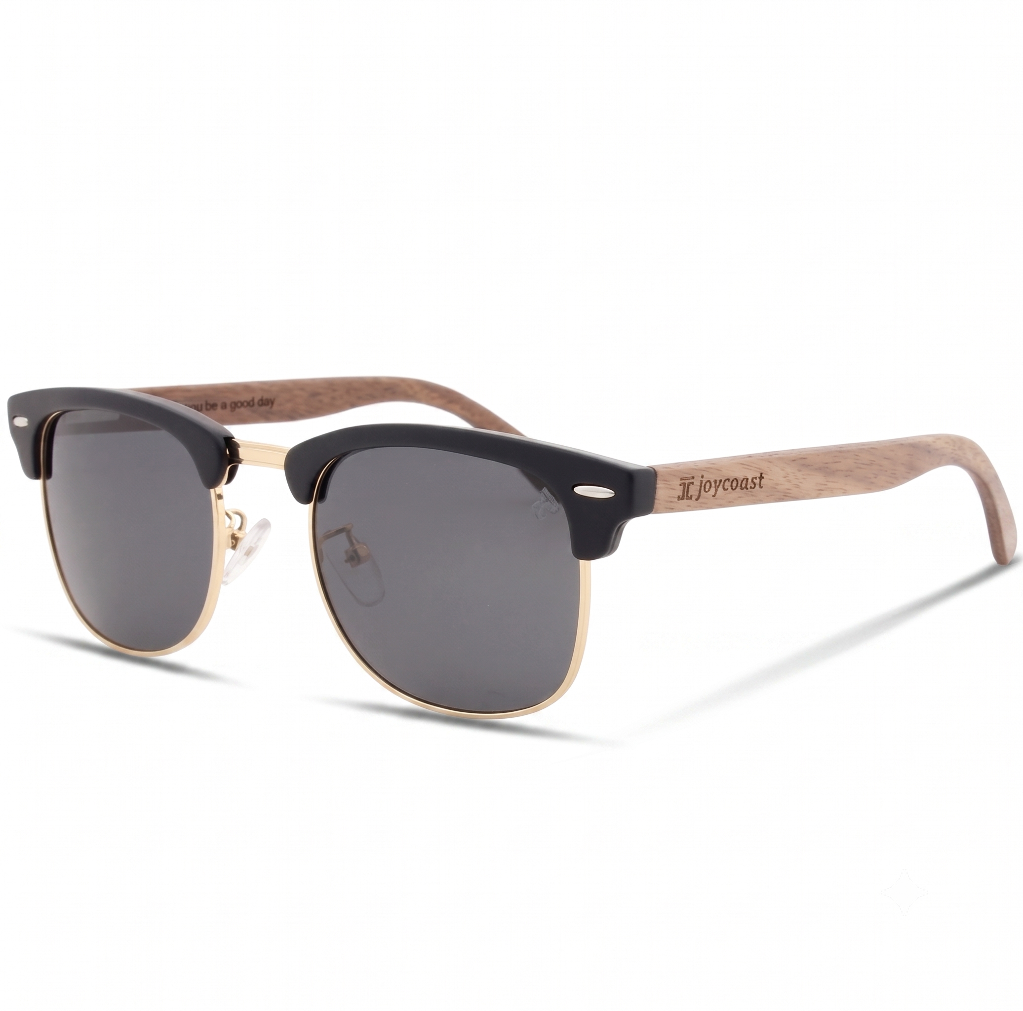 Kennedy walnut clubmaster wooden sunglasses, side view, dark lenses, black frame