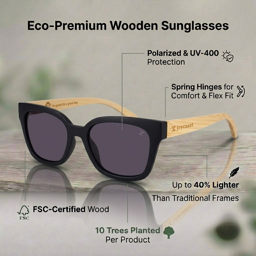 KitKat walnut cat-eye wooden sunglasses, black frame with dark purple lenses
