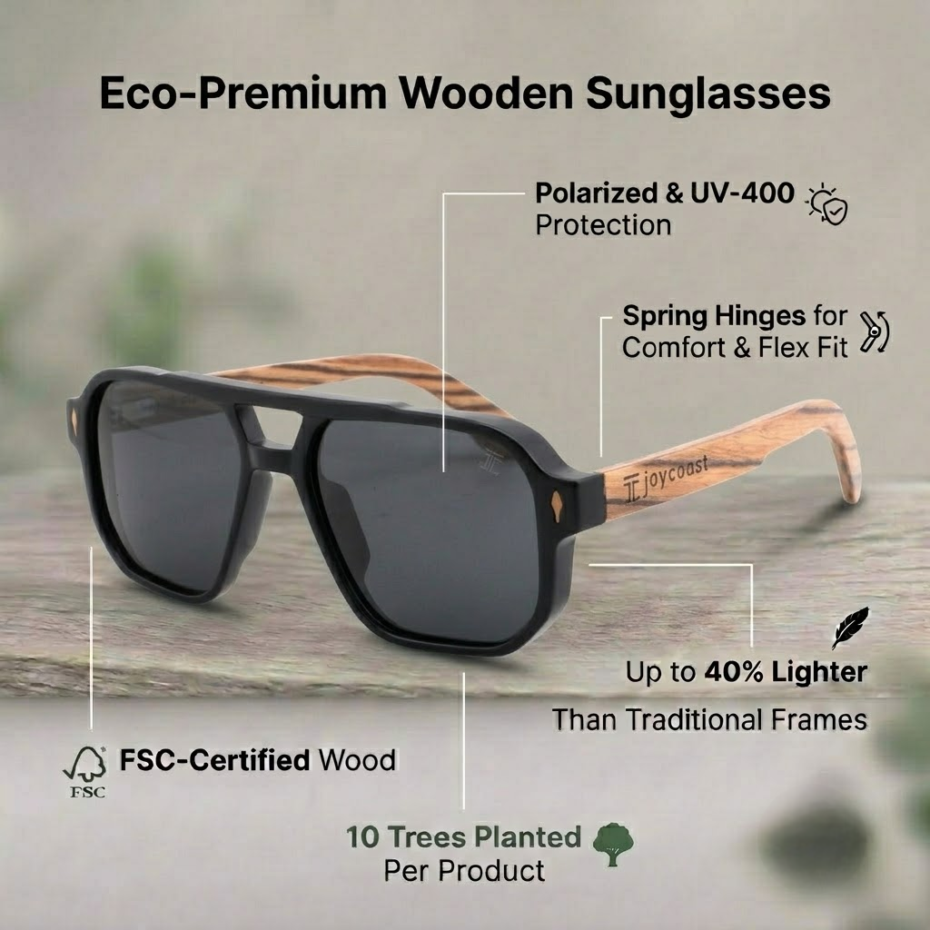 Polarized aviator sunglasses with dark frames and light wood arms, oversized lenses