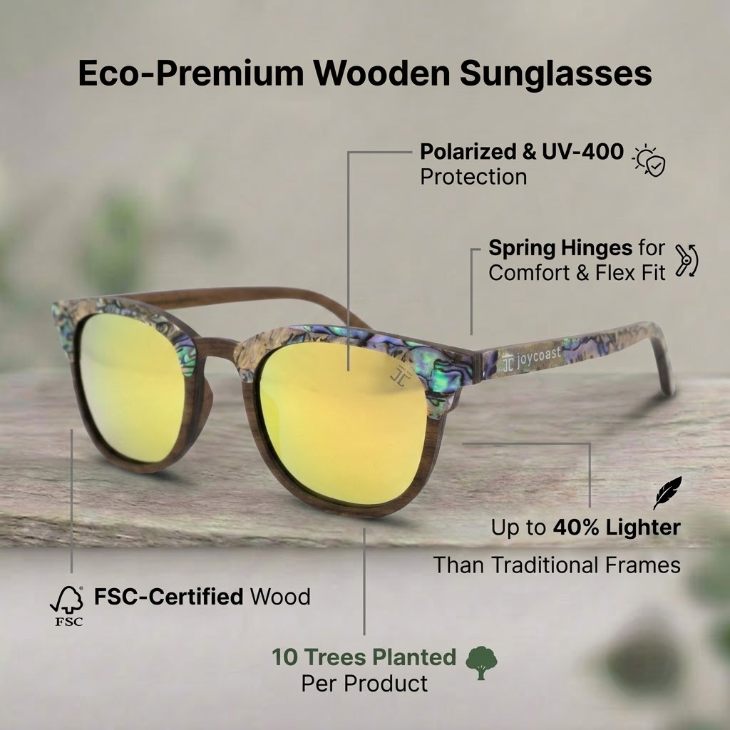 Round wooden sunglasses with yellow lenses and abalone-pattern temple arms