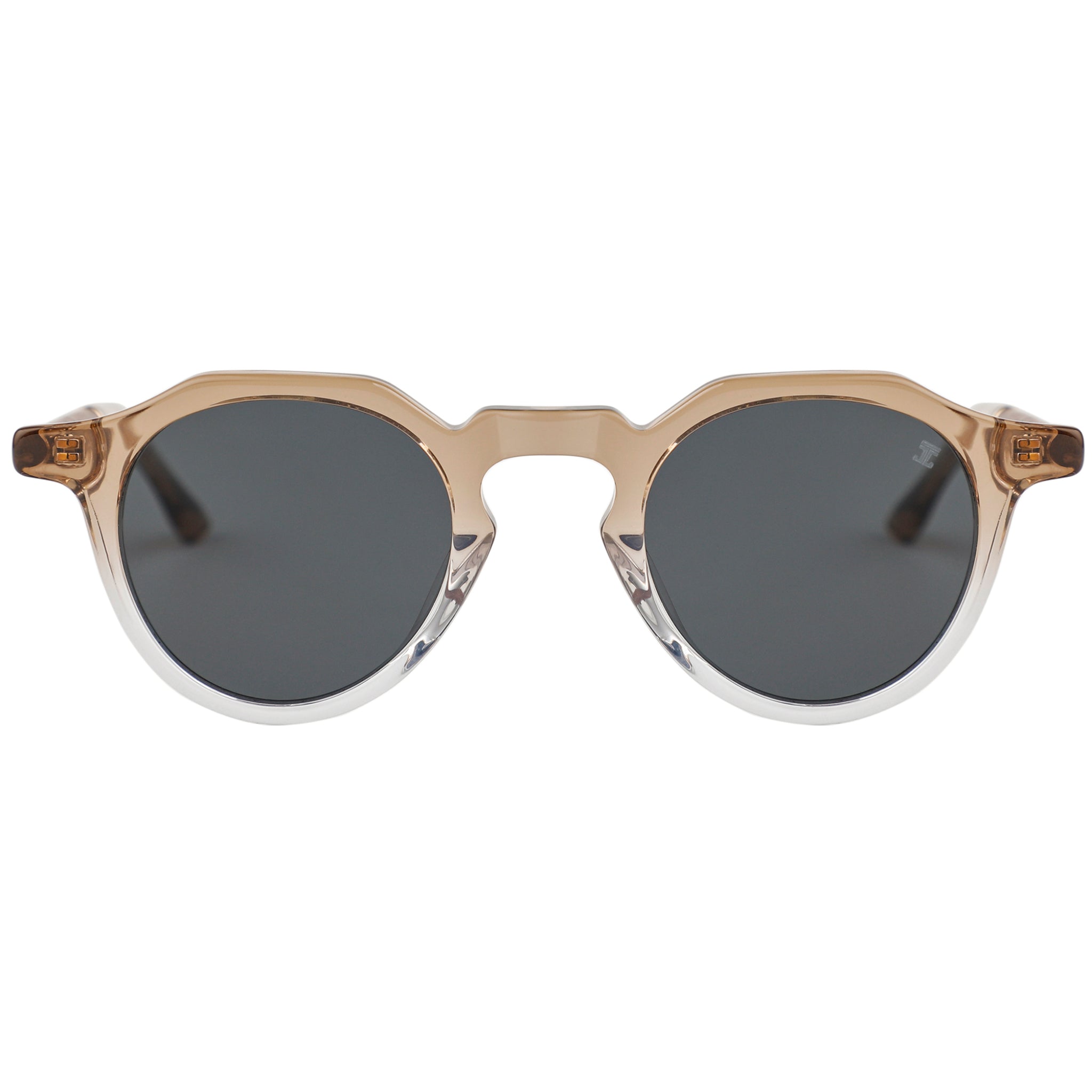 Champagne wooden sunglasses with dark round lenses, keyhole bridge, acetate frame