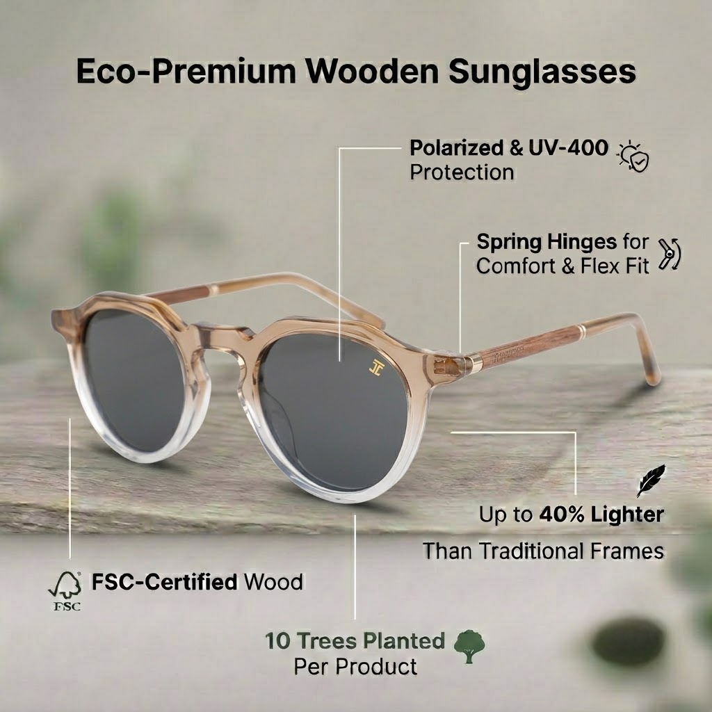 Wooden round sunglasses with dark lenses, light beige frames and rosewood temples