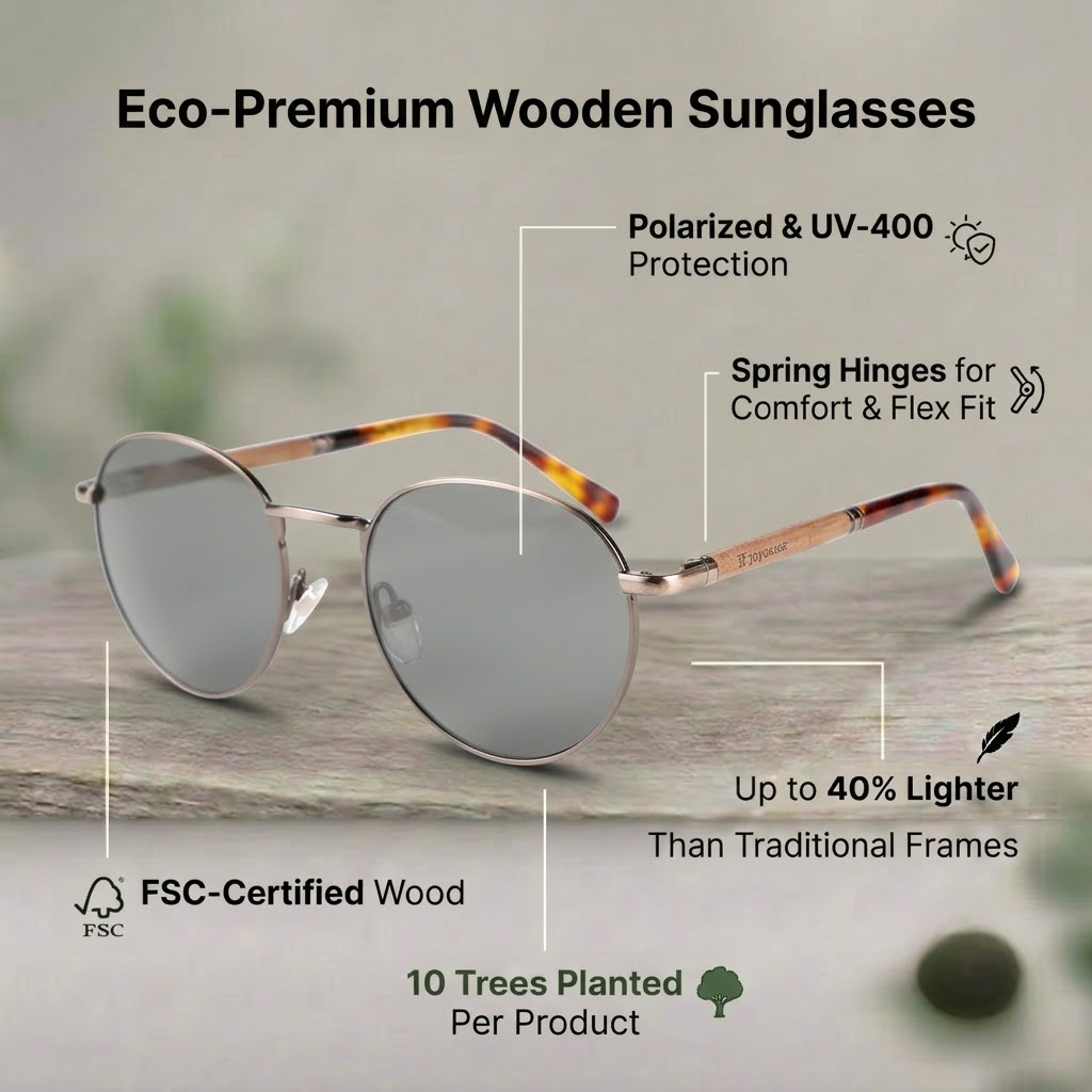 Eco wooden sunglasses with polarized UV-400 lenses, spring hinges, up to 40% lighter