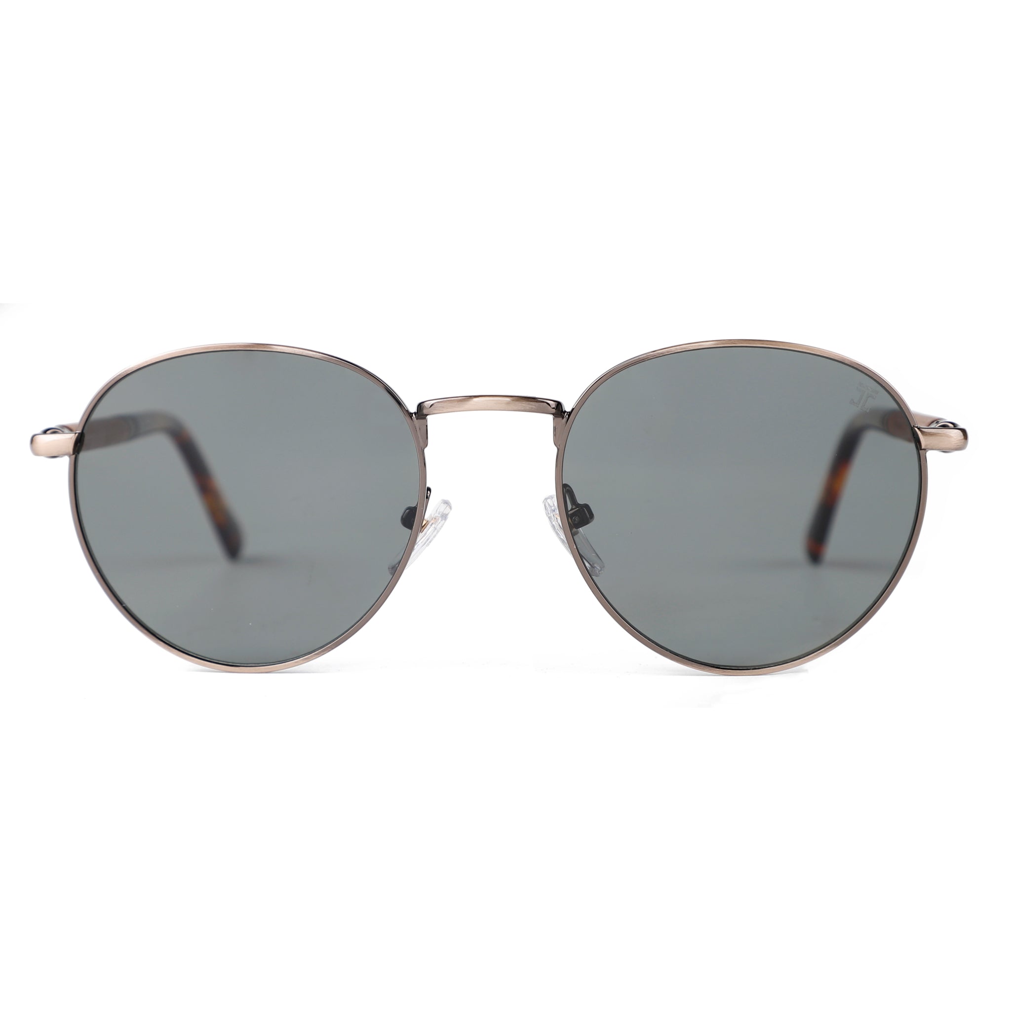 Kids round sunglasses with dark gray lenses and rose-gold metal frame, tortoise tips