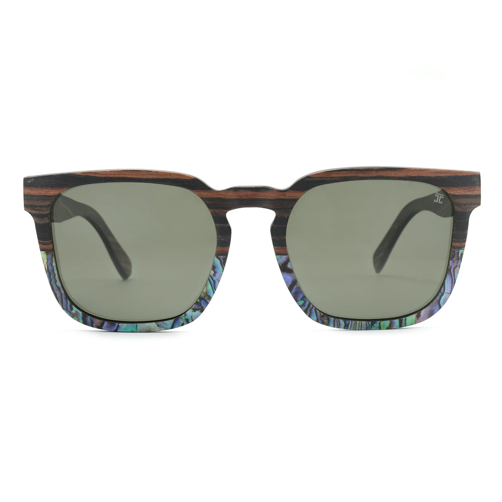 Front view wooden sunglasses with dark patterned frame and sage mirrored lenses