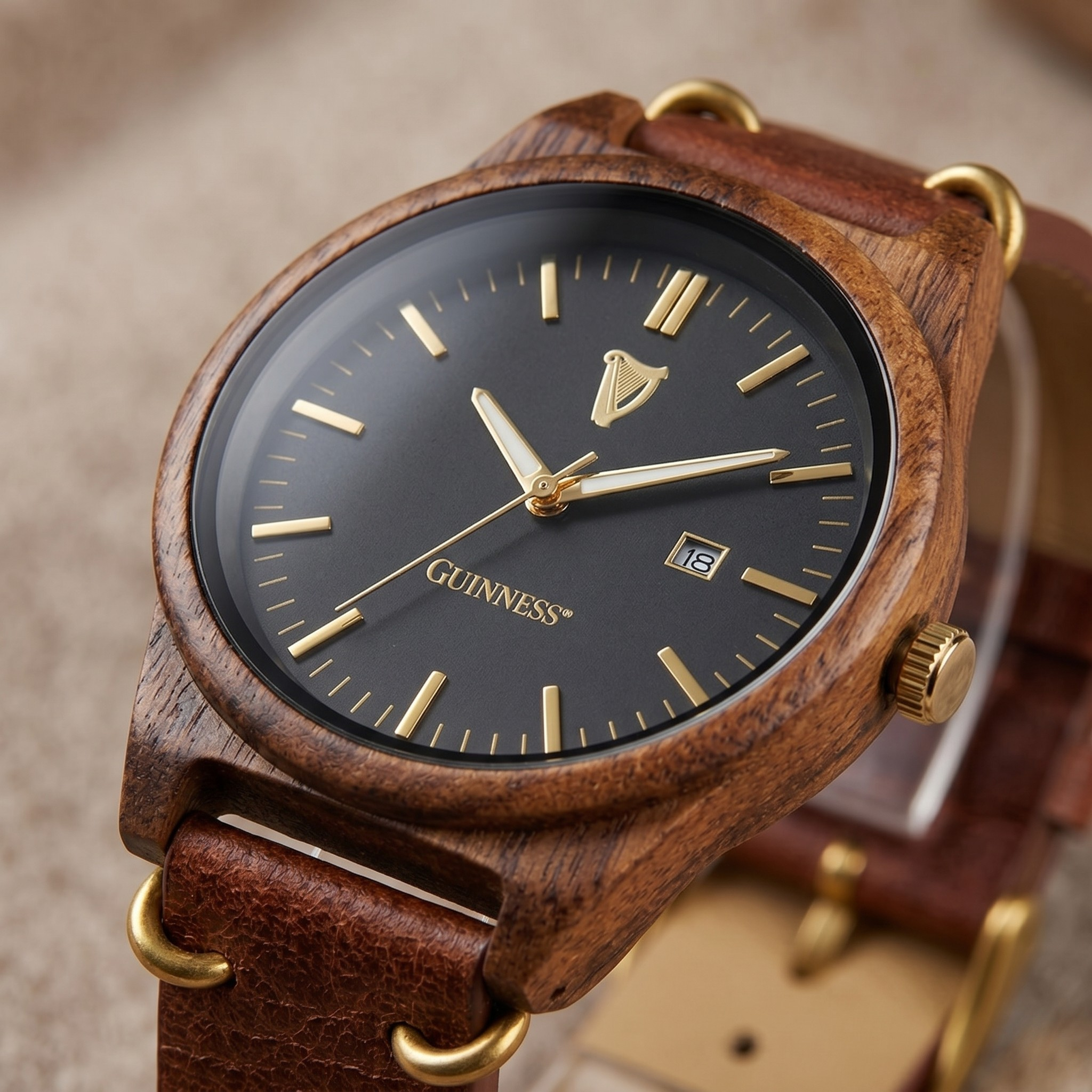 Walnut leather strap watch close-up, dark dial with gold hands, markers, and date window.