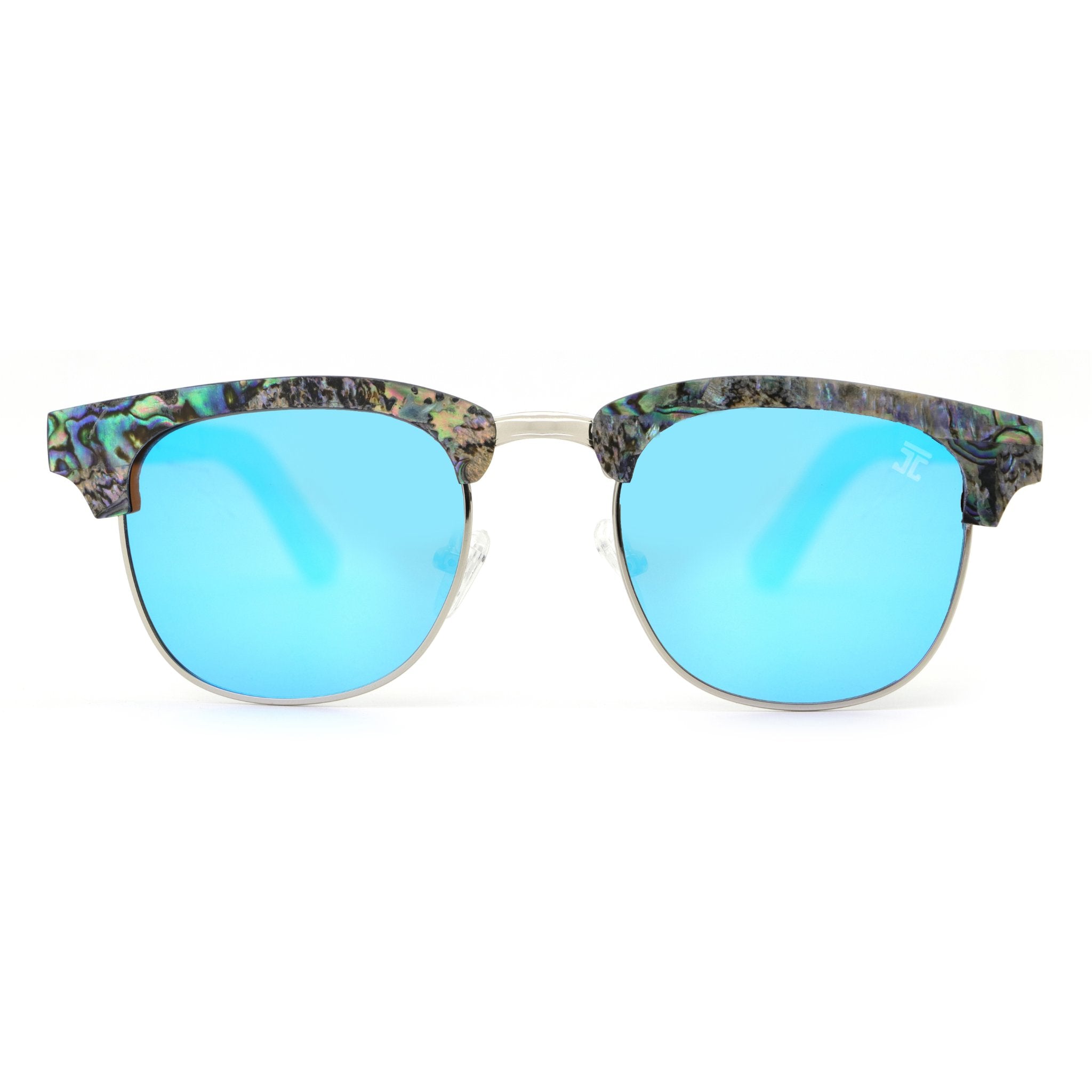 Polarized sunglasses with blue mirrored lenses and multicolor abalone-style temples.