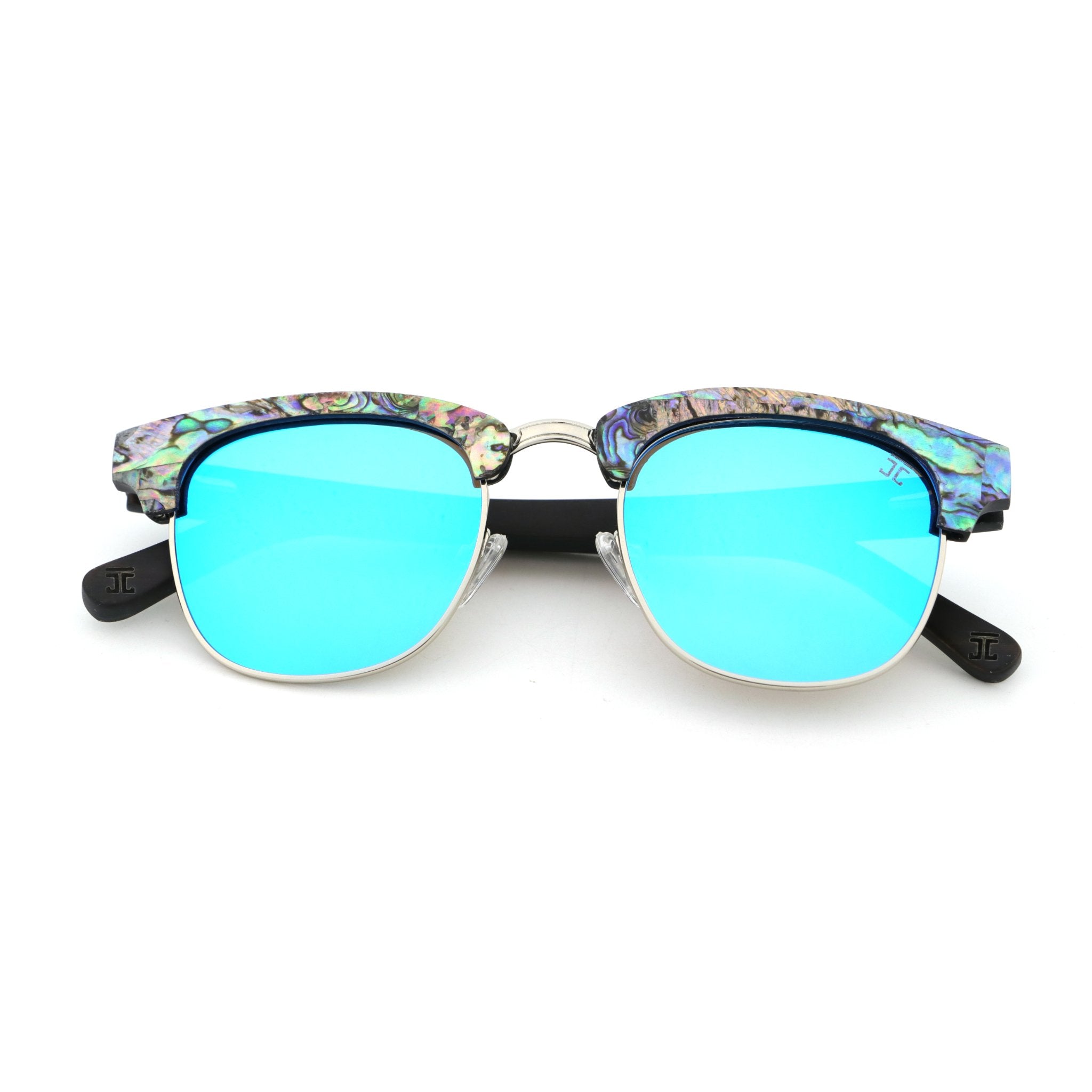 Polarized sunglasses with bright blue mirrored lenses and multicolor abalone-style temples.