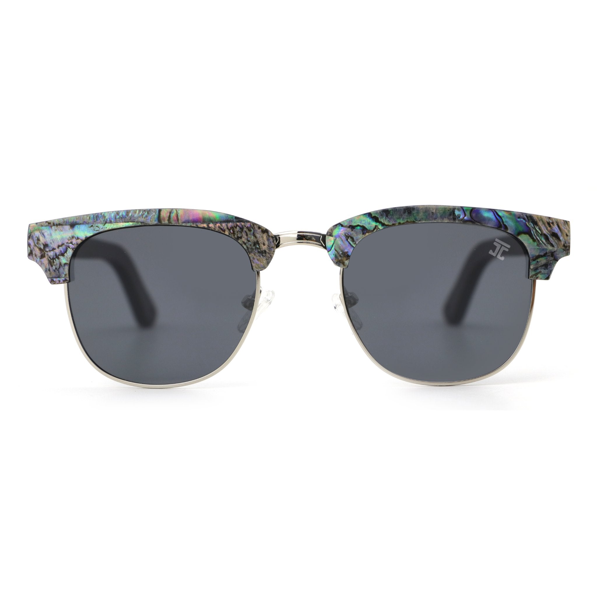 Polarized sunglasses with dark lenses and multicolor abalone-style acetate temples.
