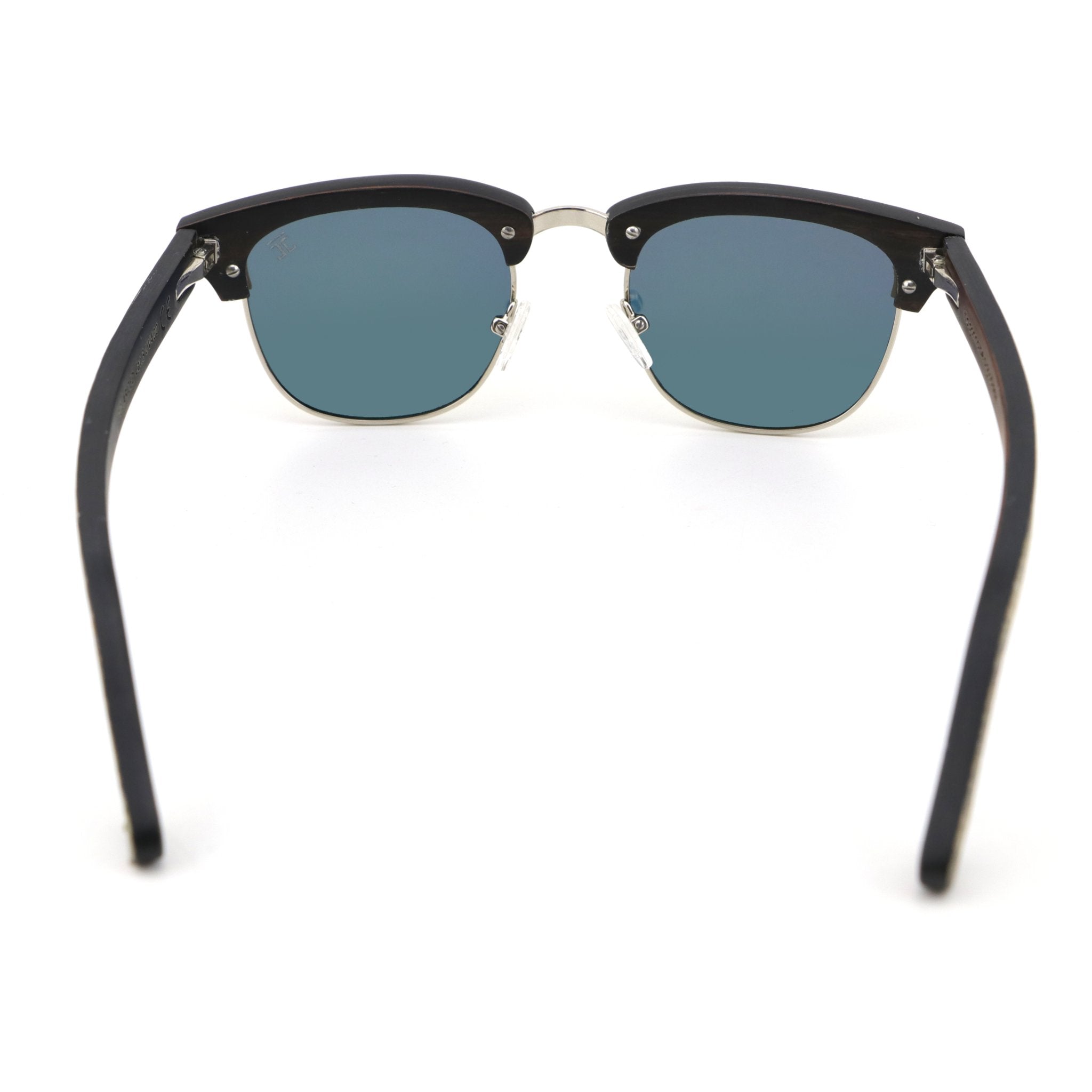 Polarized sunglasses with dark frame and blue mirrored lenses, oval wrap style
