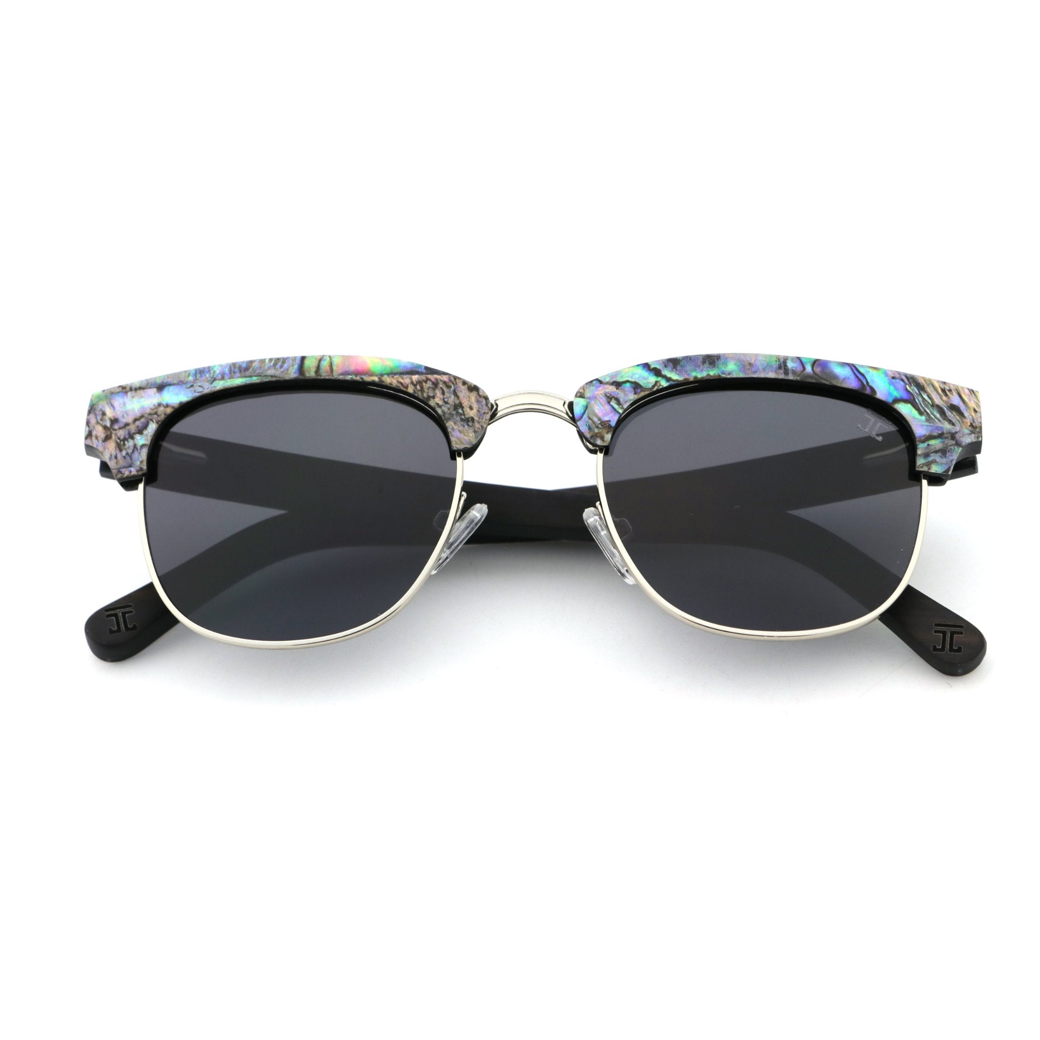 Polarized sunglasses with dark lenses and multicolor abalone-style temples, metal bridge.
