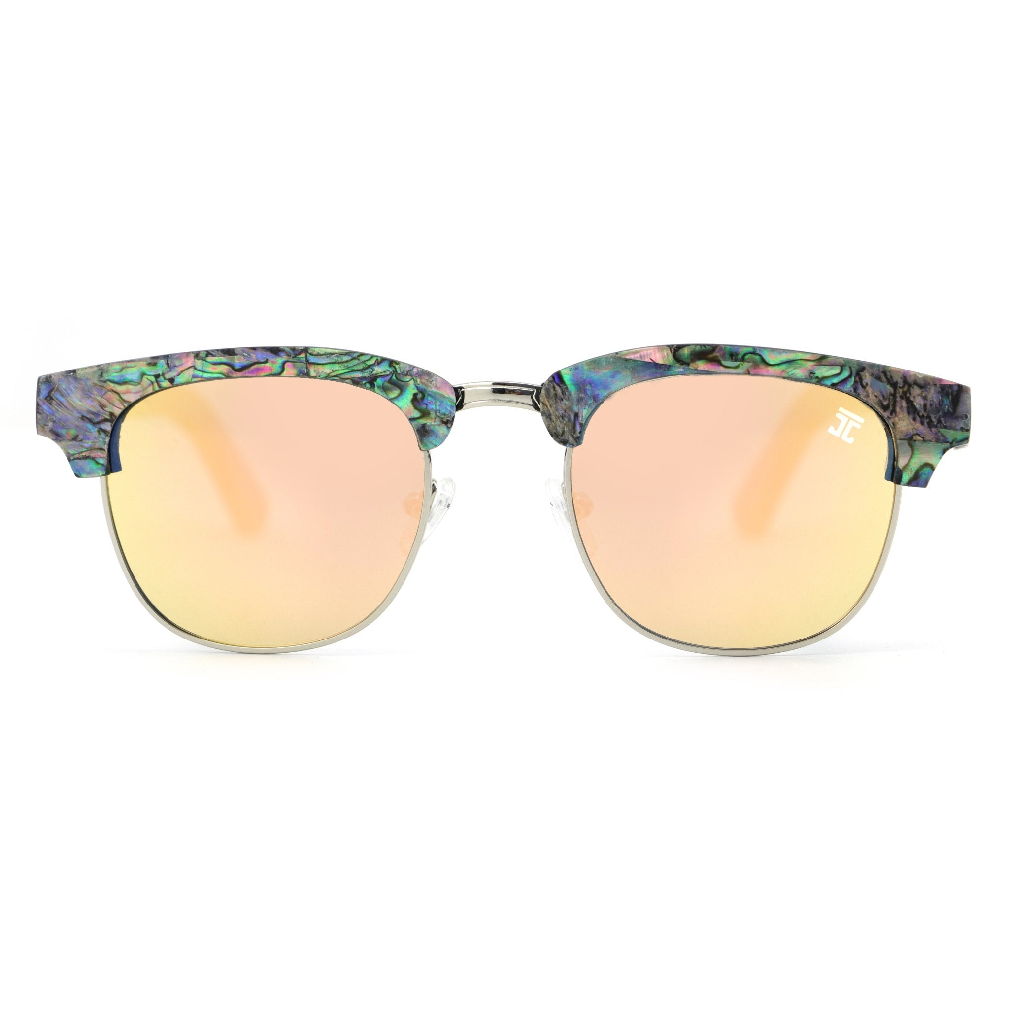Polarized sunglasses with multicolor patterned frame and peach mirrored lenses, oval