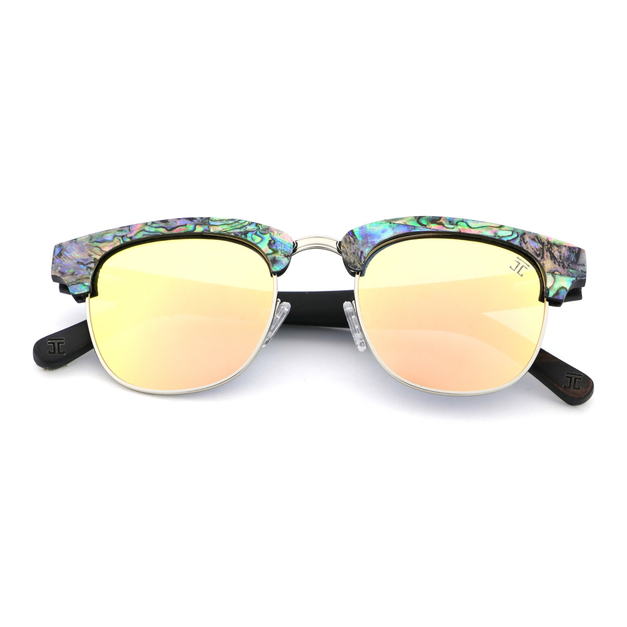Polarized sunglasses with multicolor patterned frame and gold-to-peach mirrored lenses, oval