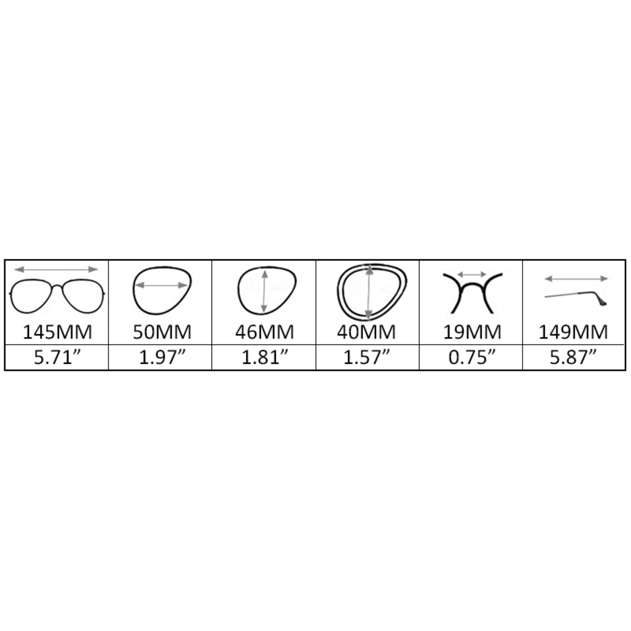 Sunglasses size chart showing lens width measurements in mm.