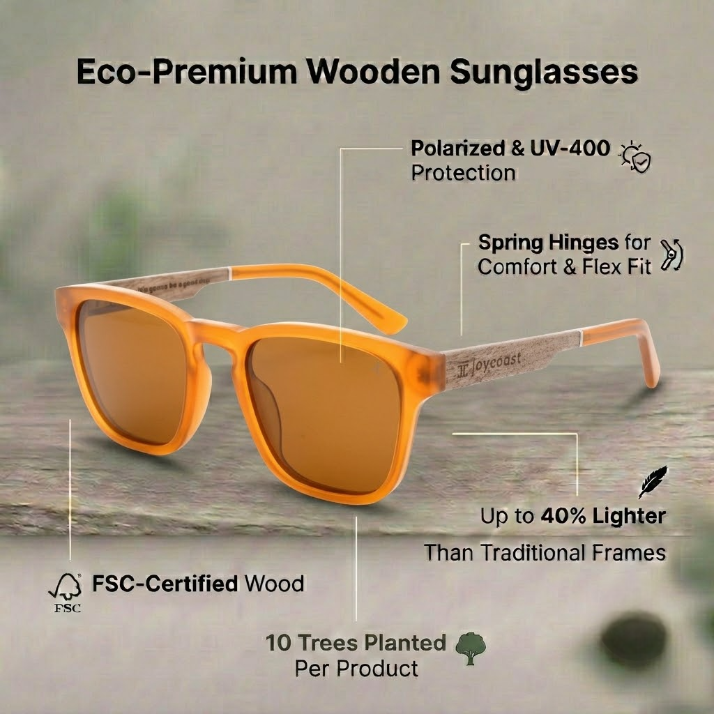 Orange wood-look square sunglasses with brown tinted lenses and curved spring hinges