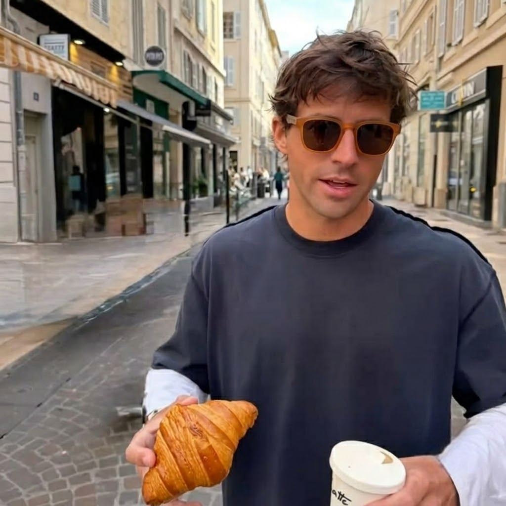 Person wearing orange square sunglasses with brown tinted lenses outdoors