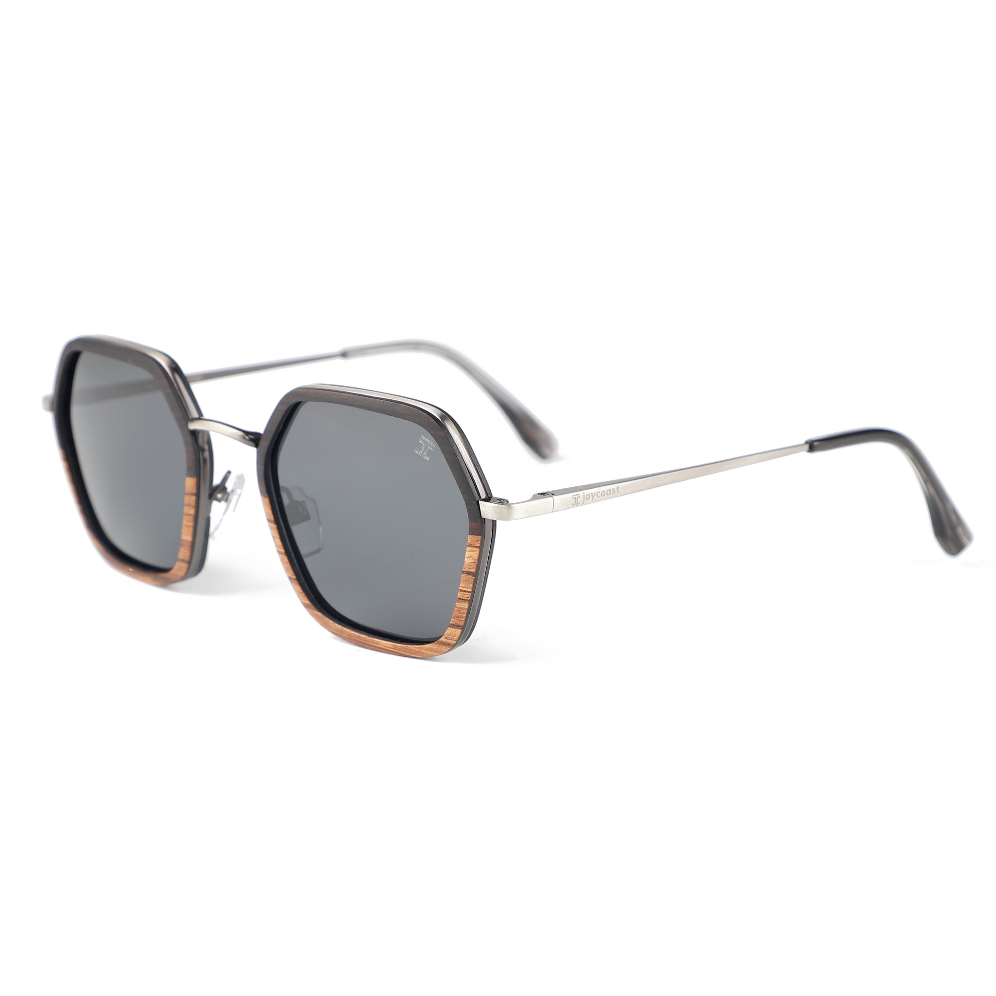 Kids hexagon sunglasses with dark lenses, silver frame, brown wood-look trim, Joycoast