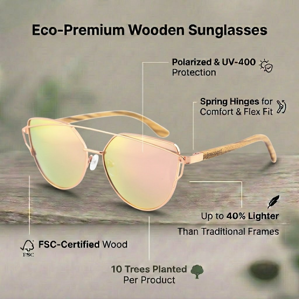 Wooden cat-eye sunglasses with butterfly frame, gold tint mirror lenses, spring hinges