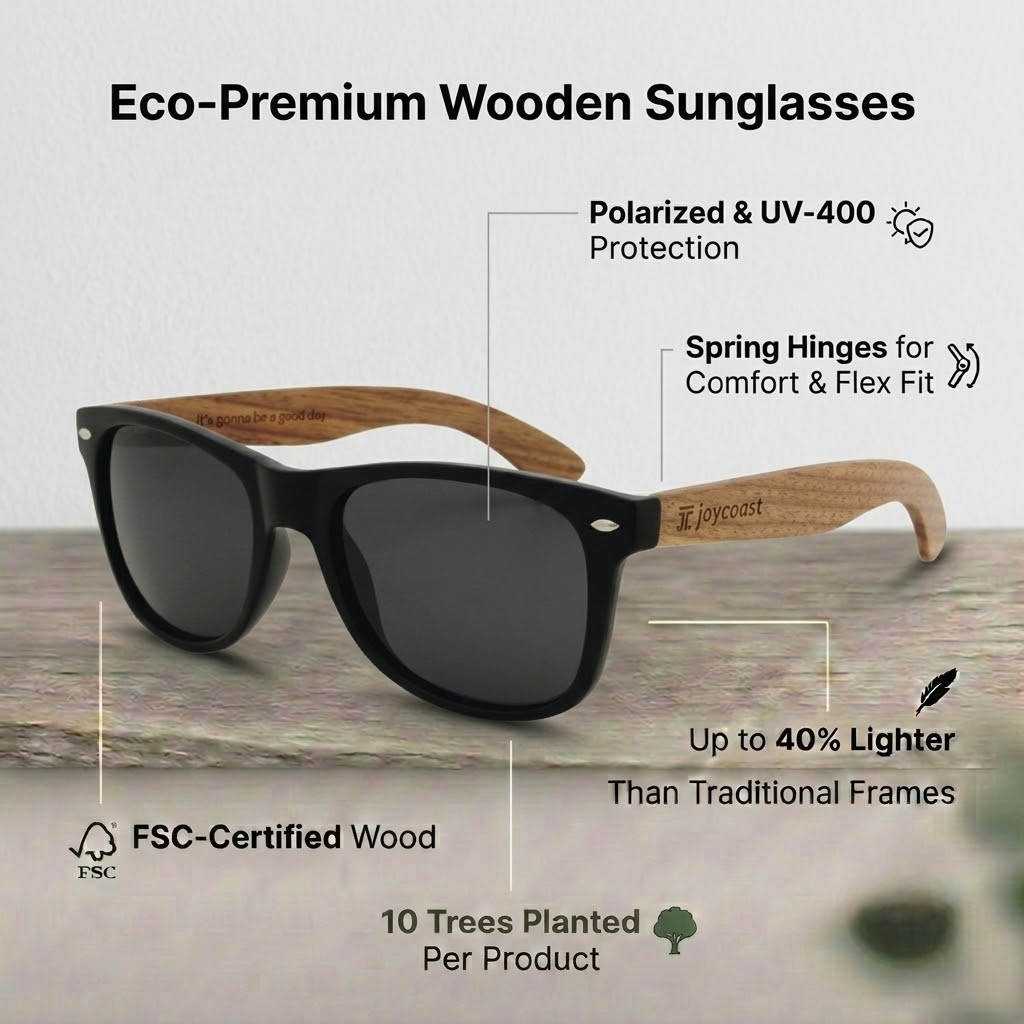 Wooden Joycoast sunglasses showcasing an eco-premium design, emphasizing sustainability and style.