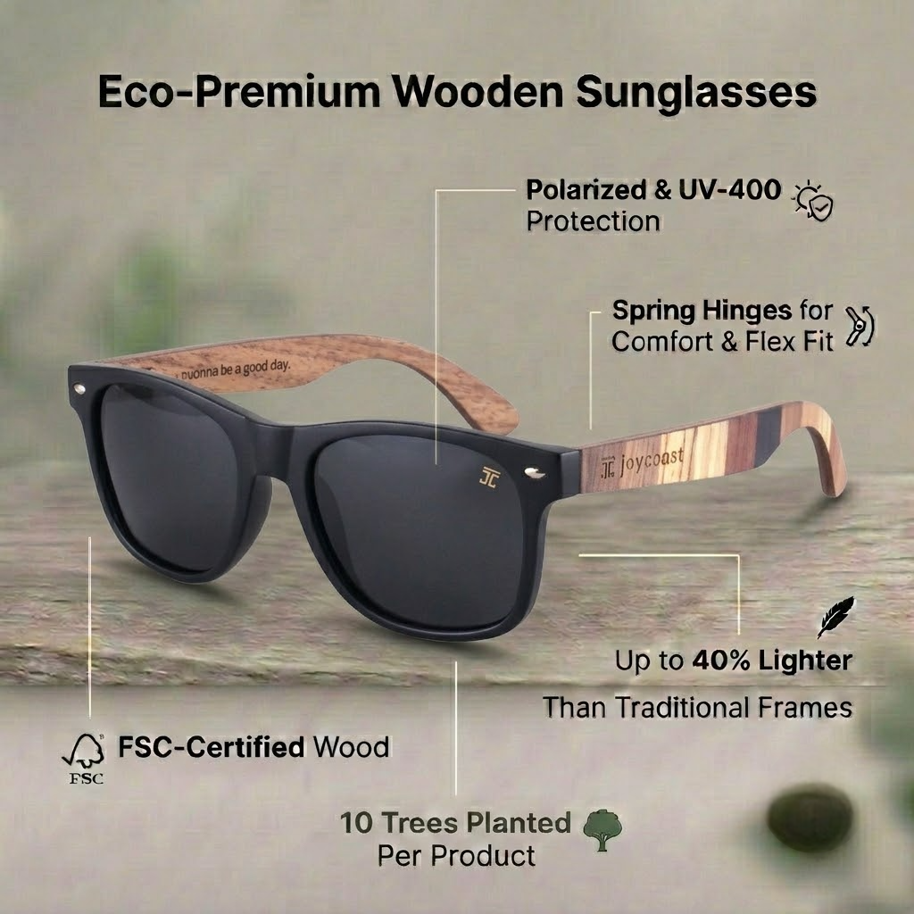 Wooden sunglasses with black lenses, dark frame, and light wood temple arms