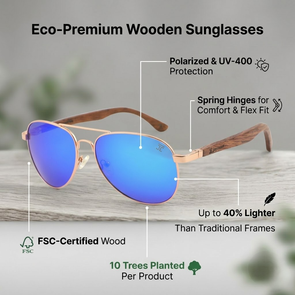 Wooden sunglasses made from eco-premium walnut, featuring blue lenses and a stylish design for sustainable fashion.