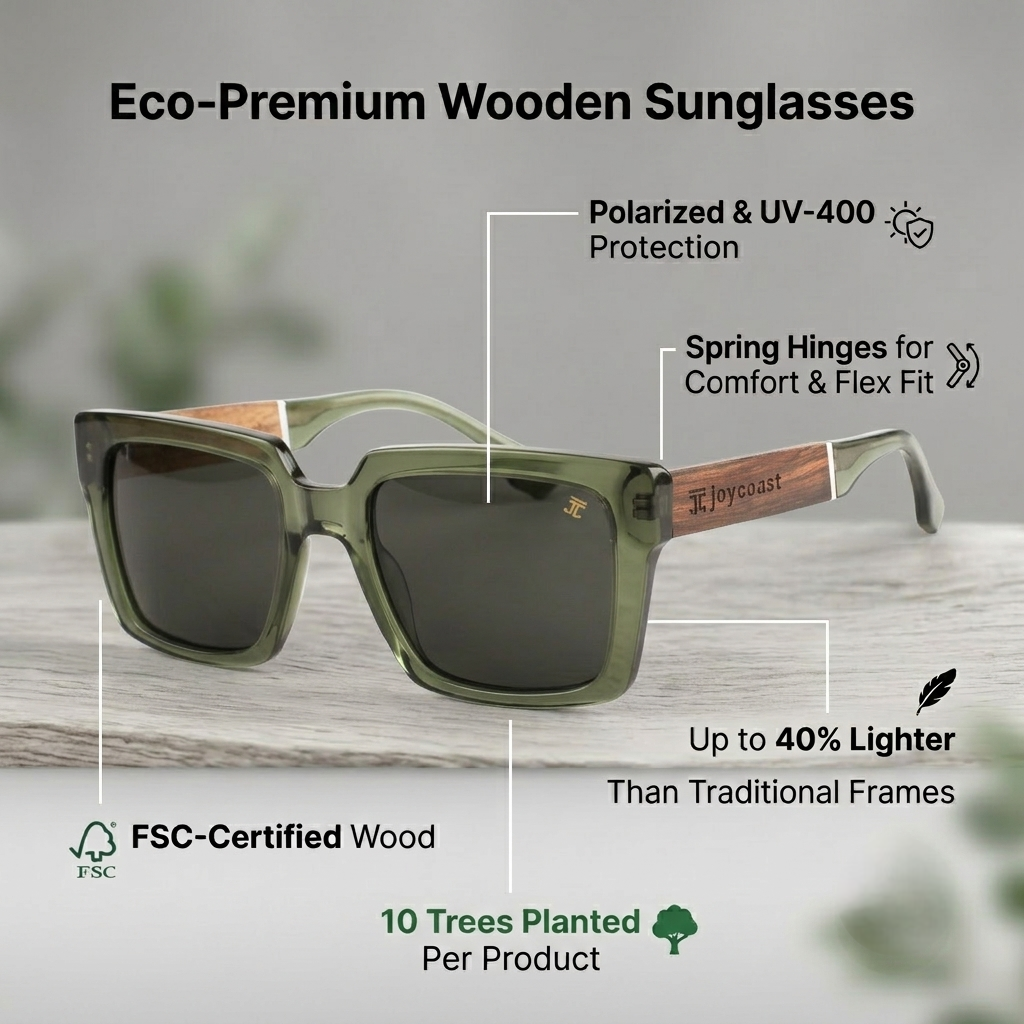 Wooden sunglasses with dark green square frames and polarized dark lenses