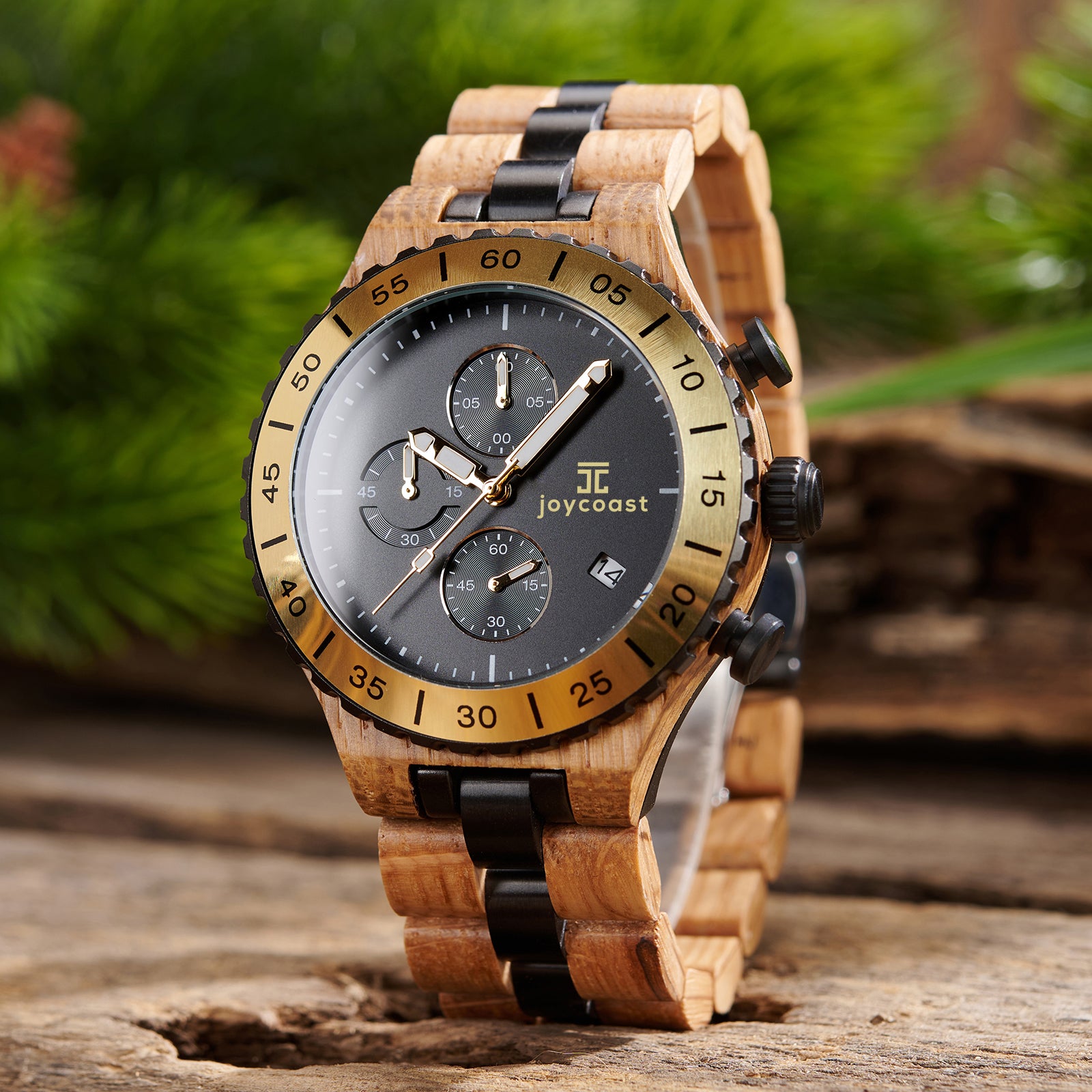 Joycoast Olympus Chronograph wooden watch with dark face and gold accents